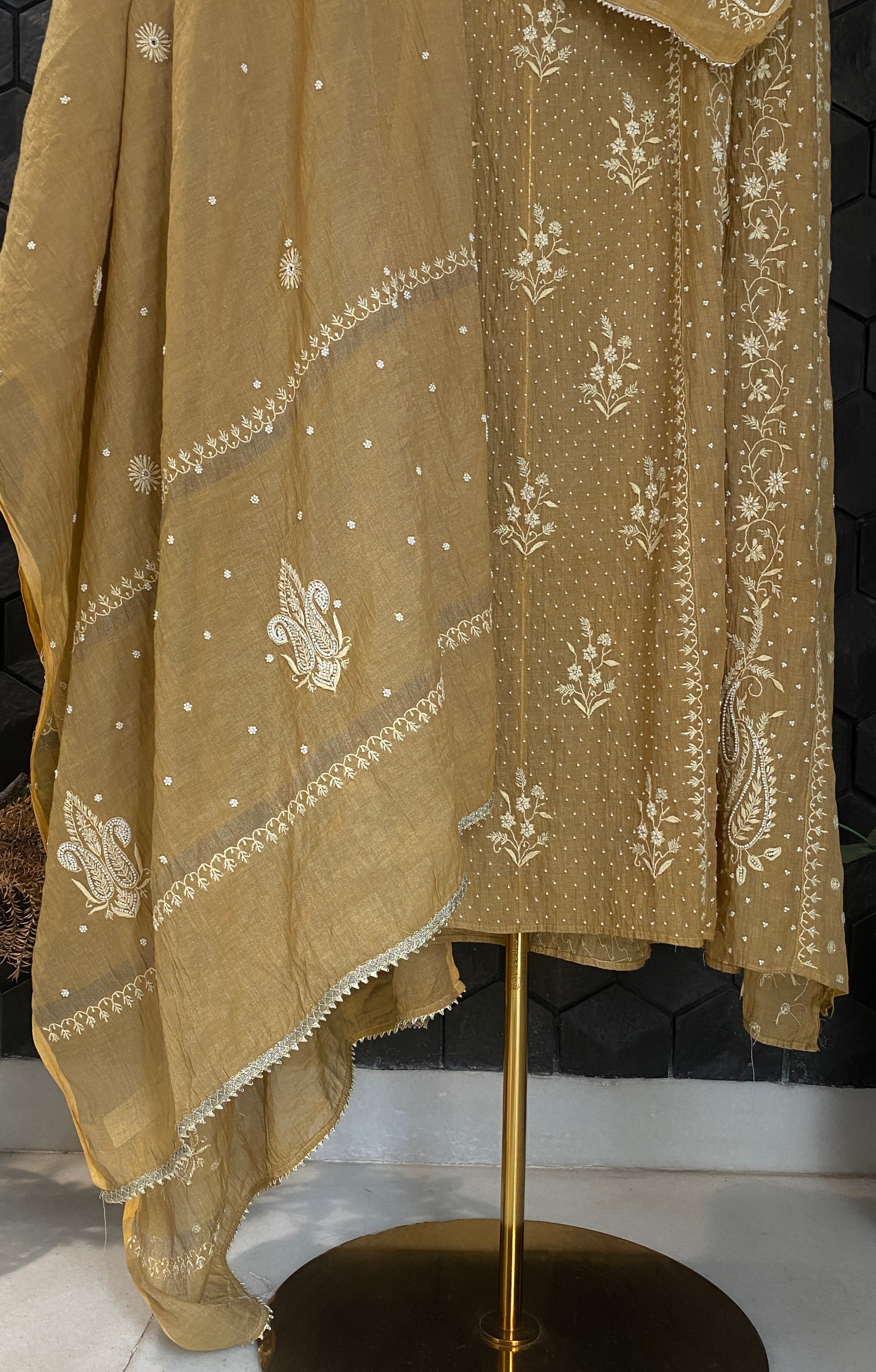 Mustard Tissue Chikankari Anarkali Set