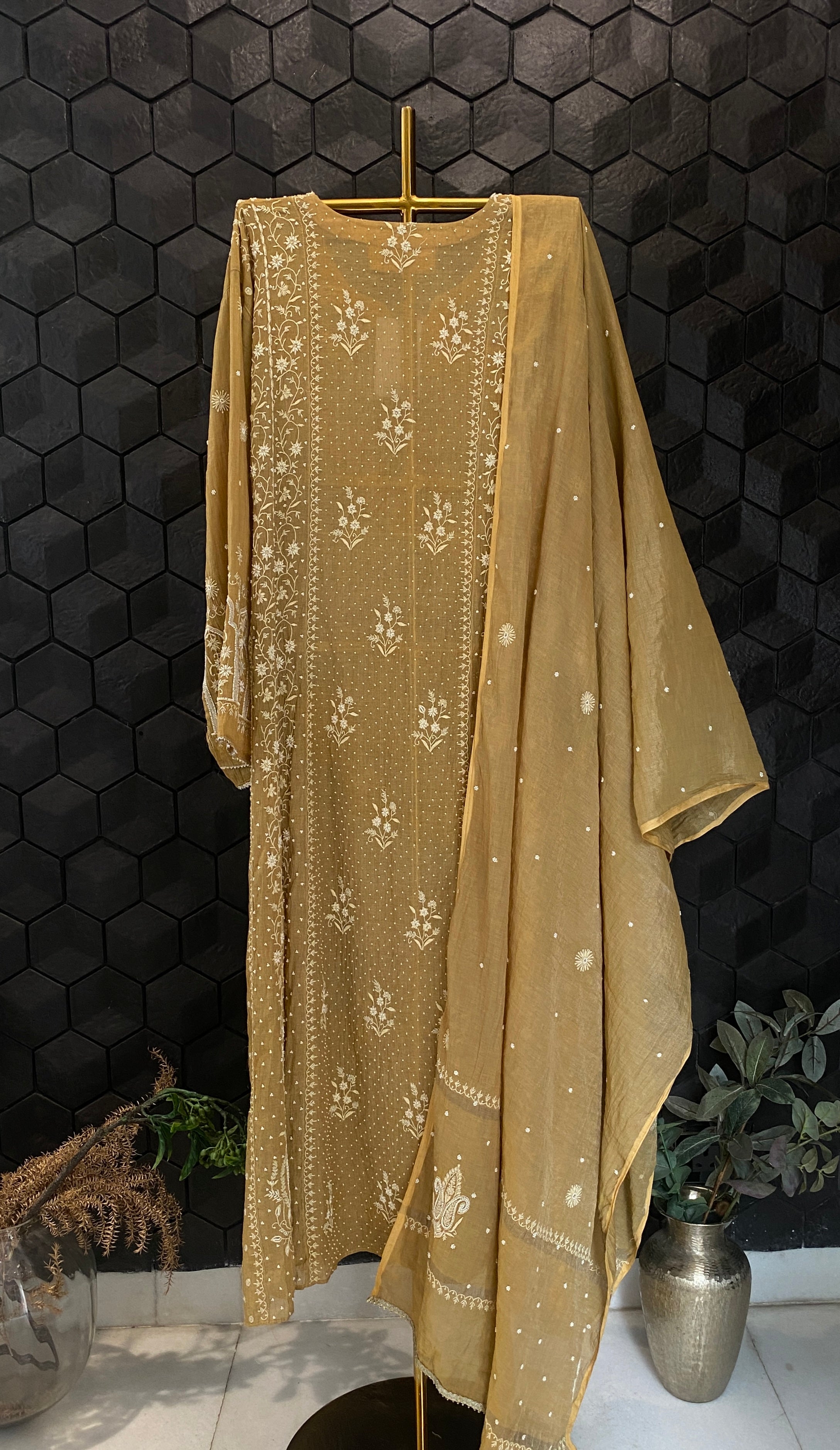 Mustard Tissue Chikankari Anarkali Set