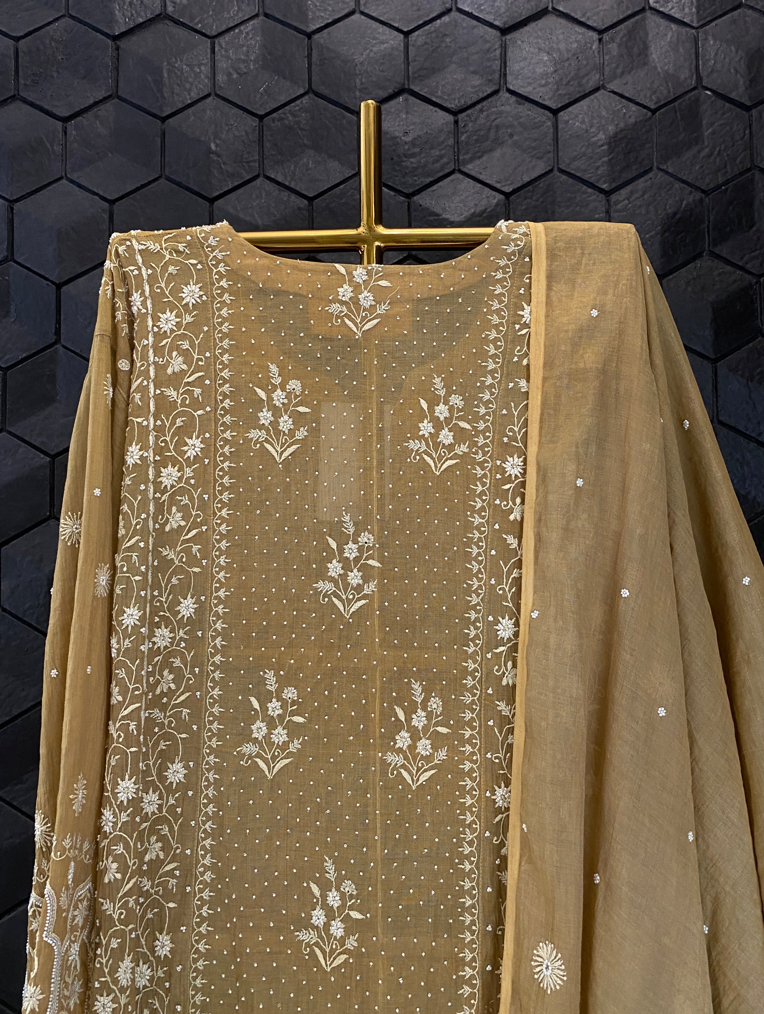 Mustard Tissue Chikankari Anarkali Set