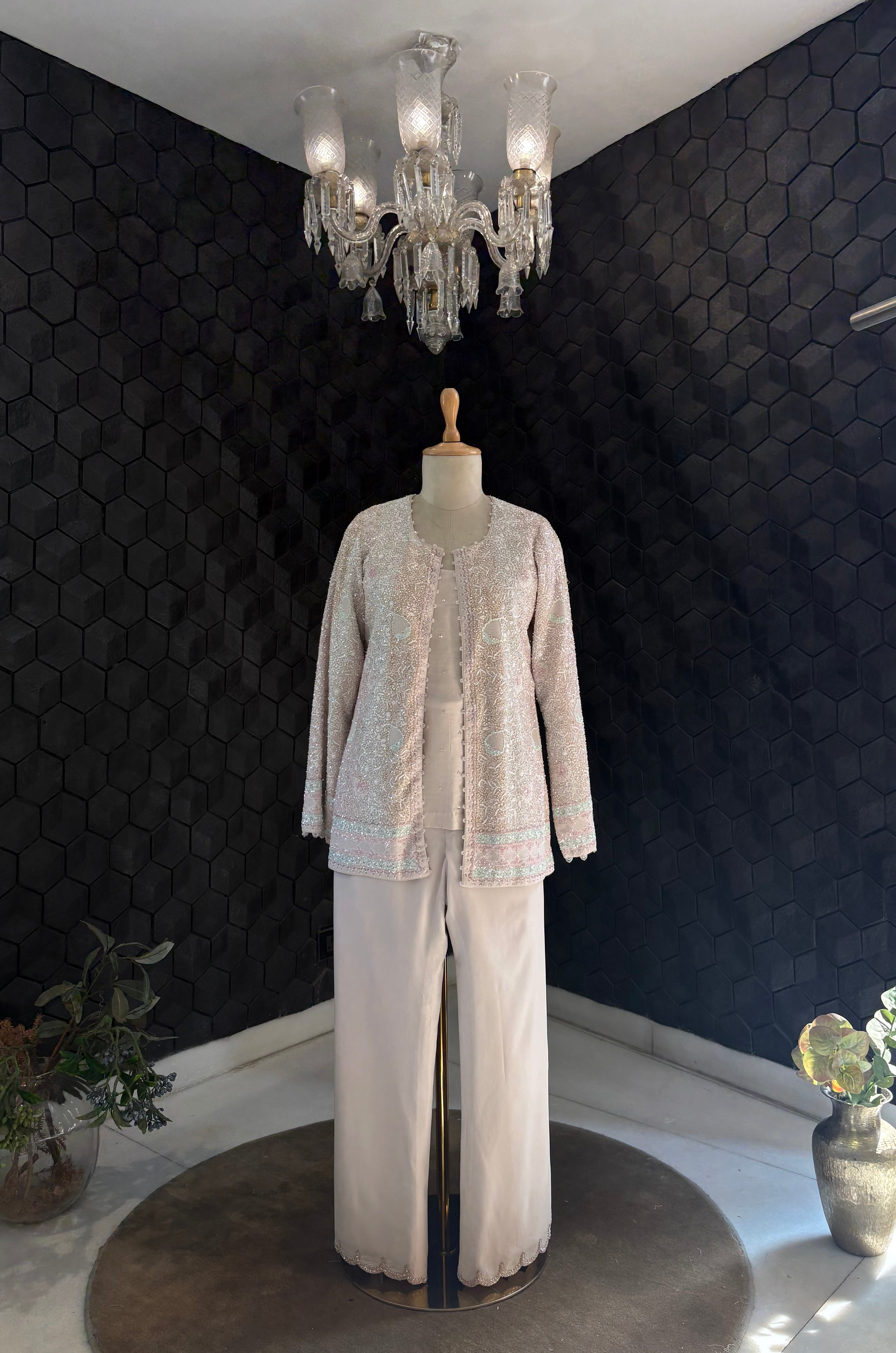 IVORY CHIKANKARI GILET SET