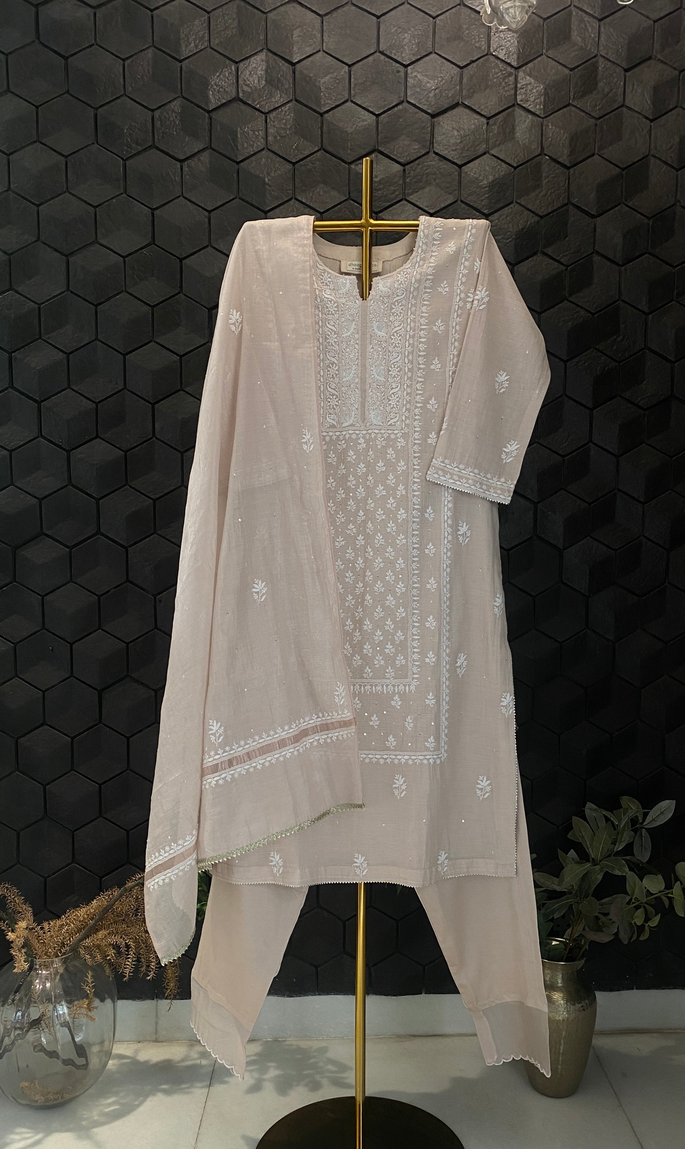 Natural Copper Tissue Chikankari Suit Set