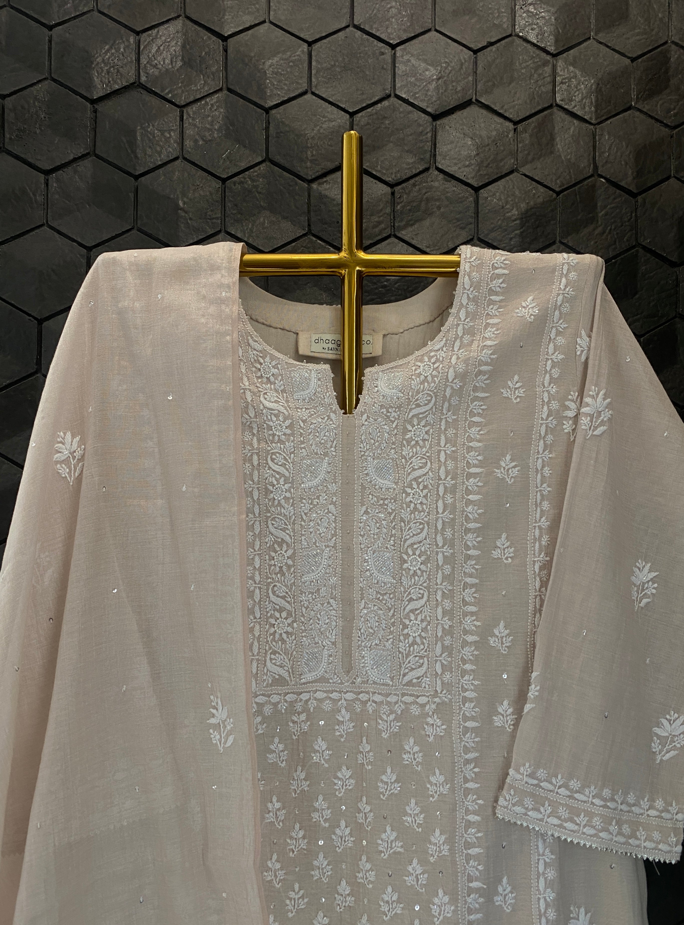 Natural Copper Tissue Chikankari Suit Set