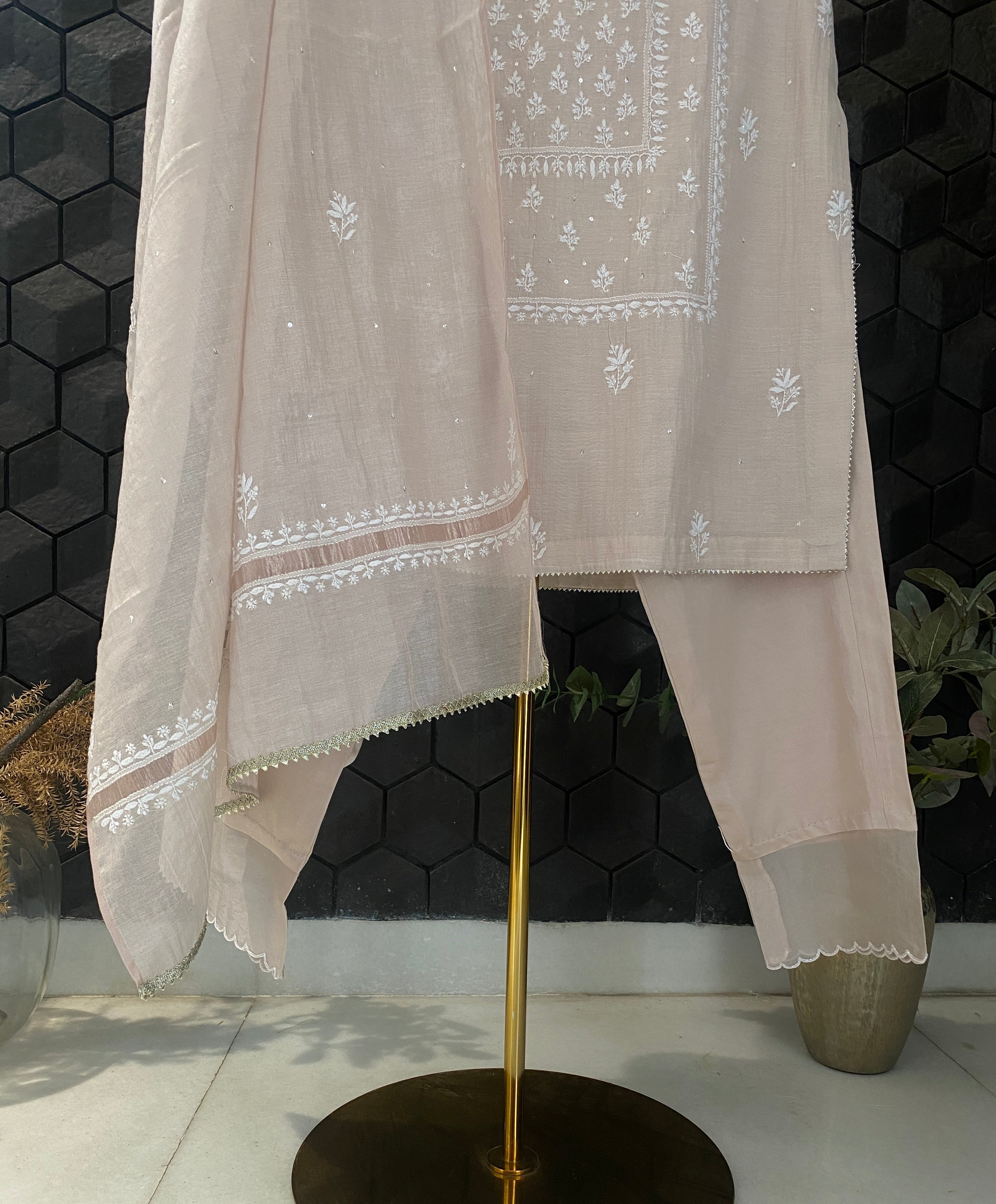 Natural Copper Tissue Chikankari Suit Set