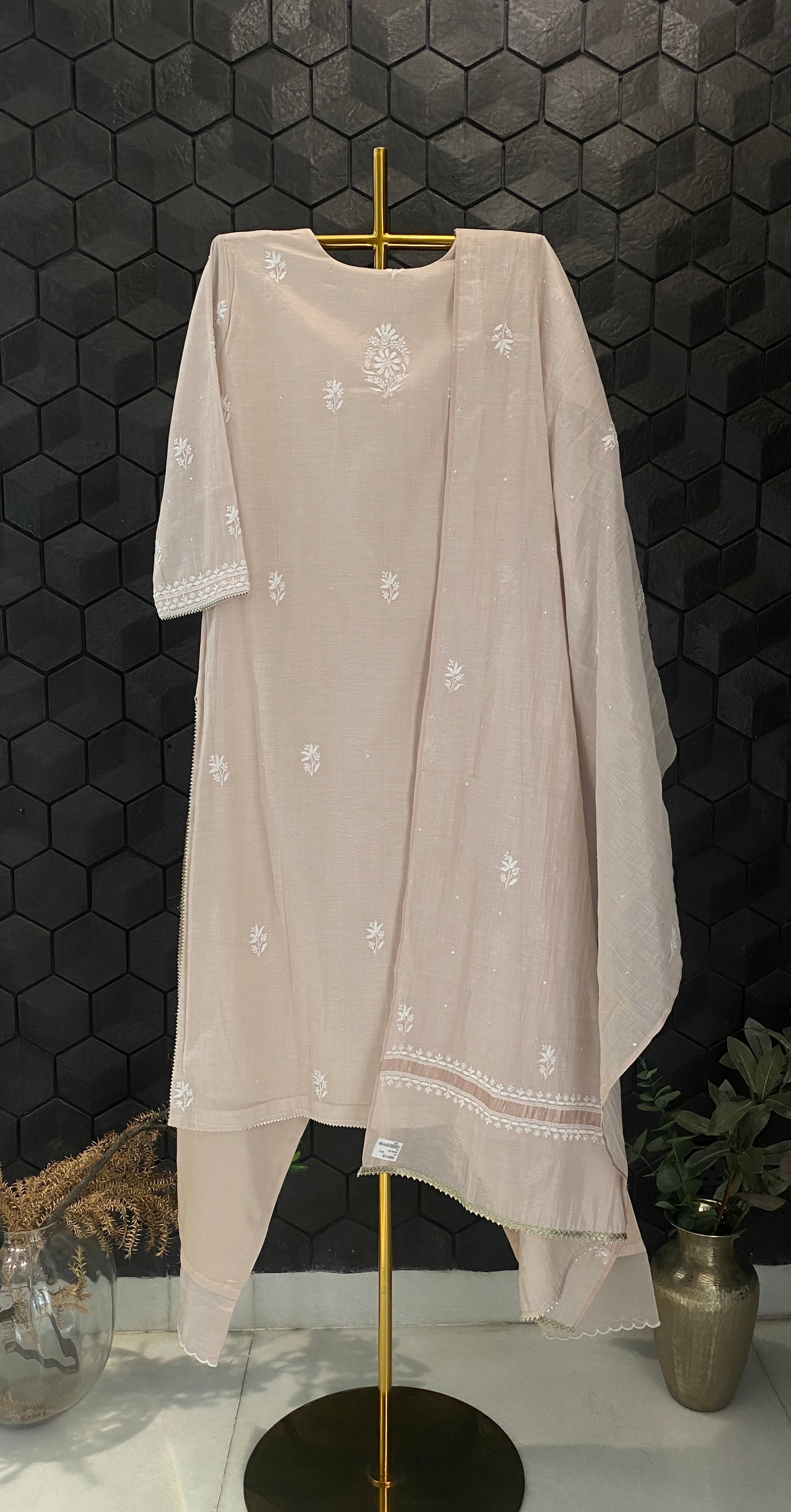 Natural Copper Tissue Chikankari Suit Set