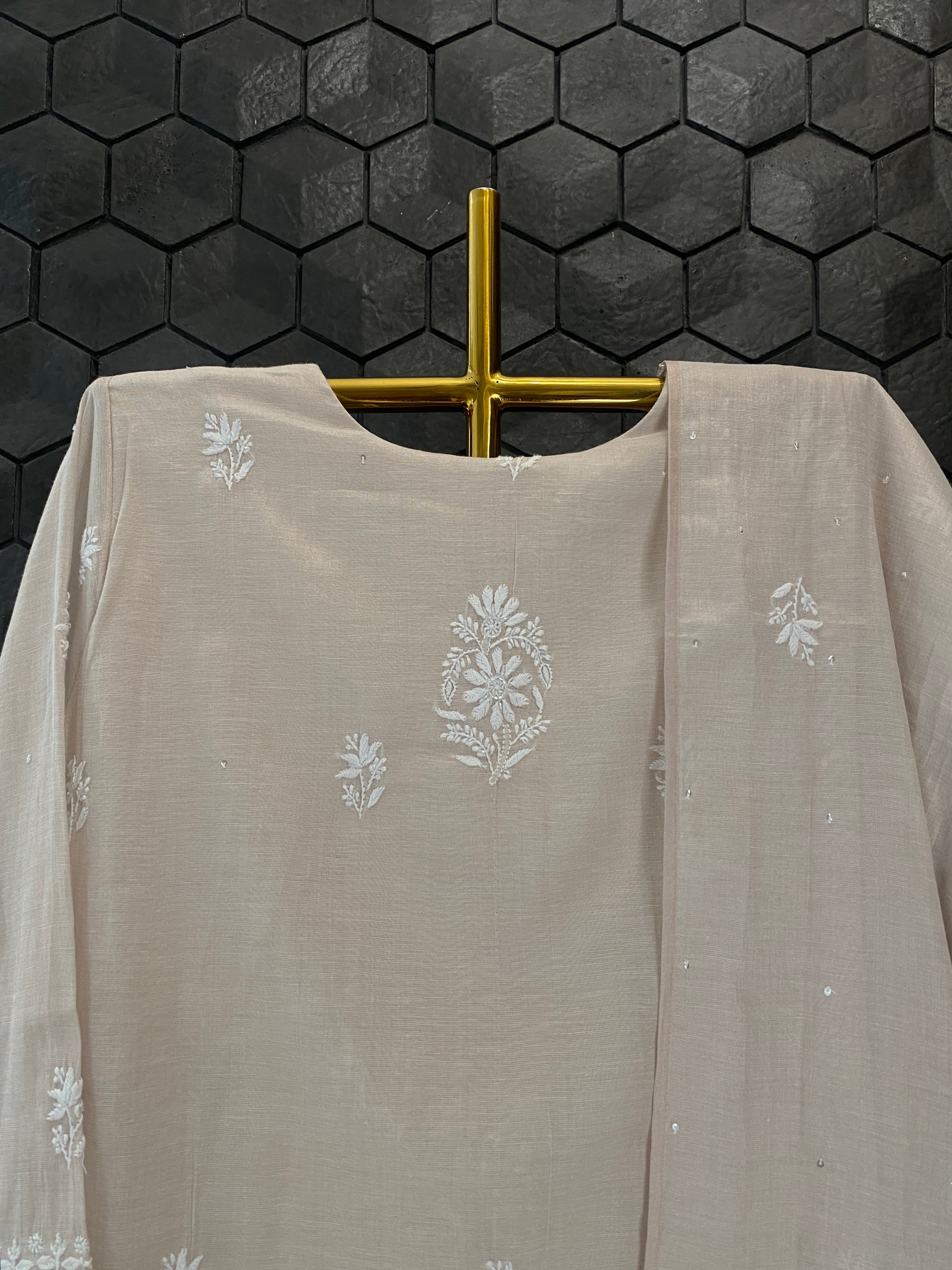 Natural Copper Tissue Chikankari Suit Set
