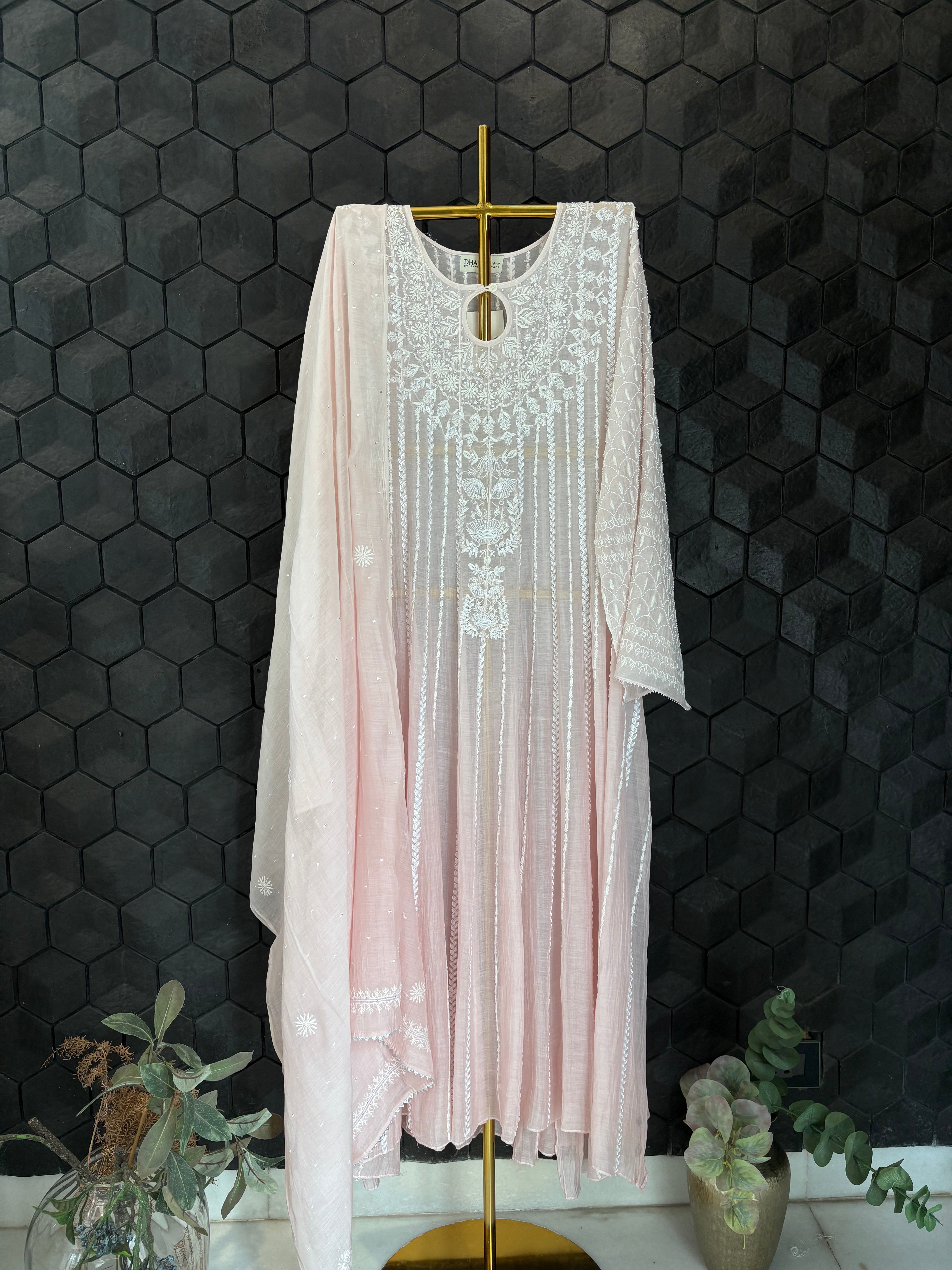 Pink Mul Chanderi Chikankari Anarkali Set