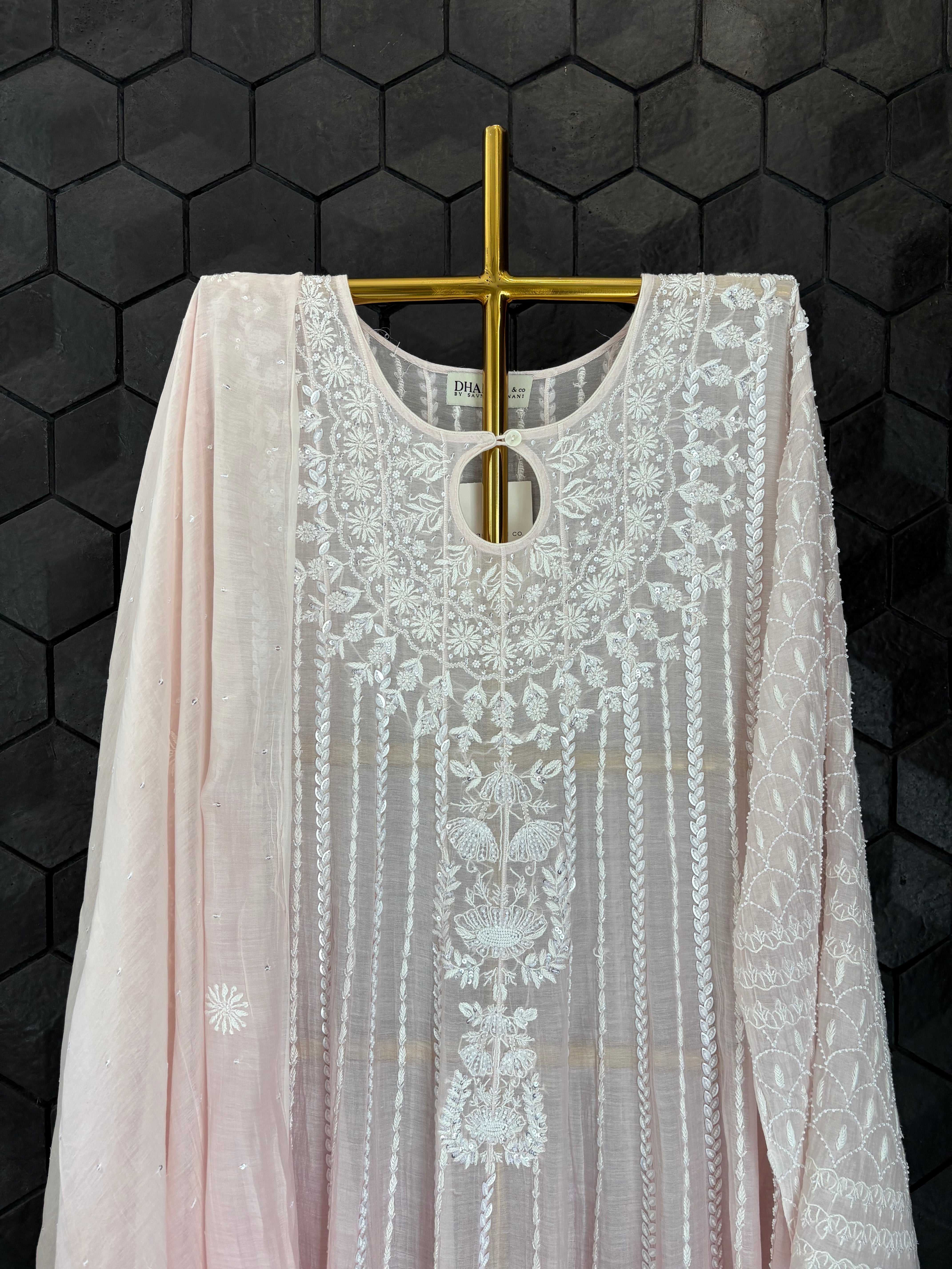 Pink Mul Chanderi Chikankari Anarkali Set
