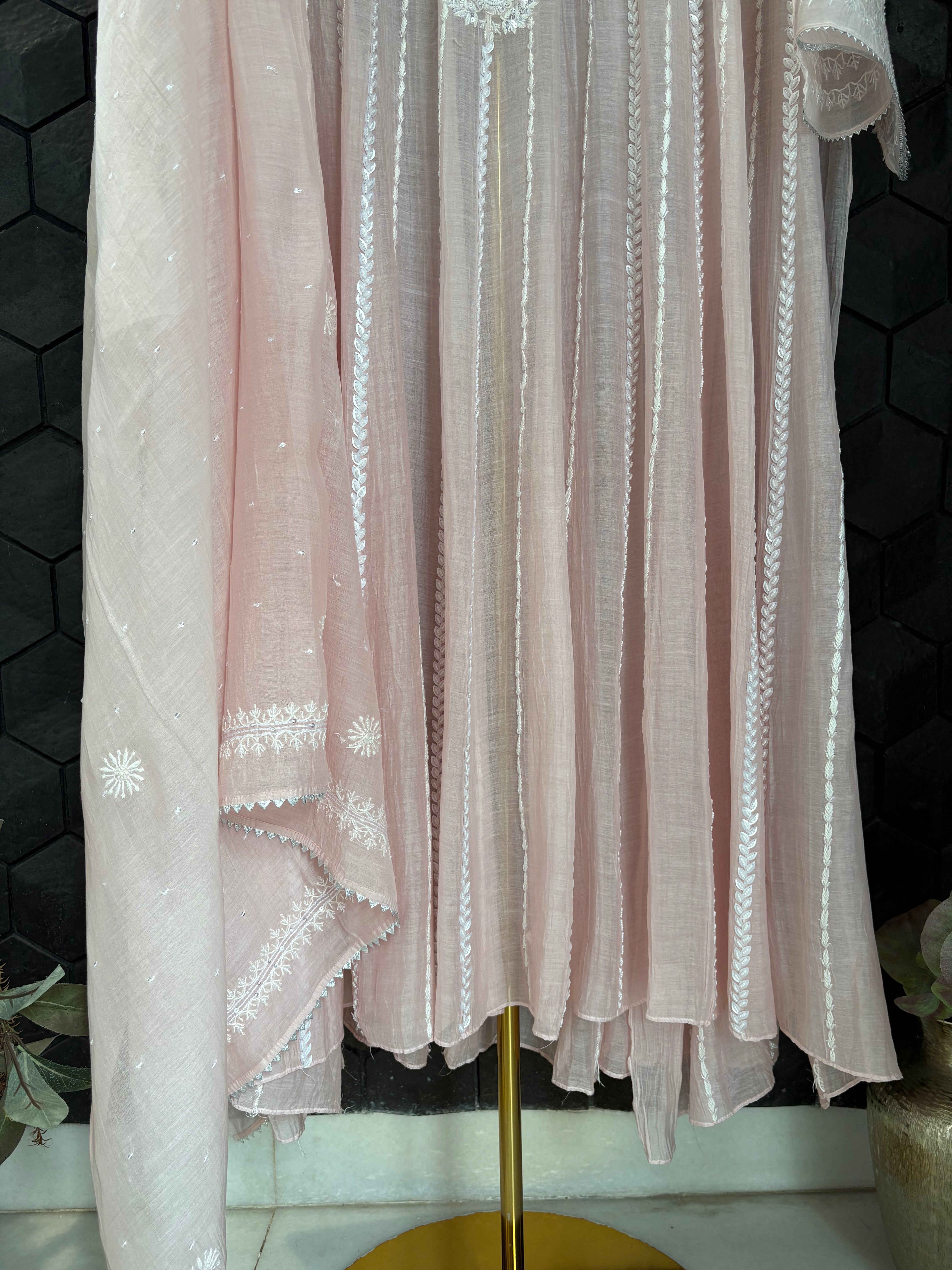 Pink Mul Chanderi Chikankari Anarkali Set