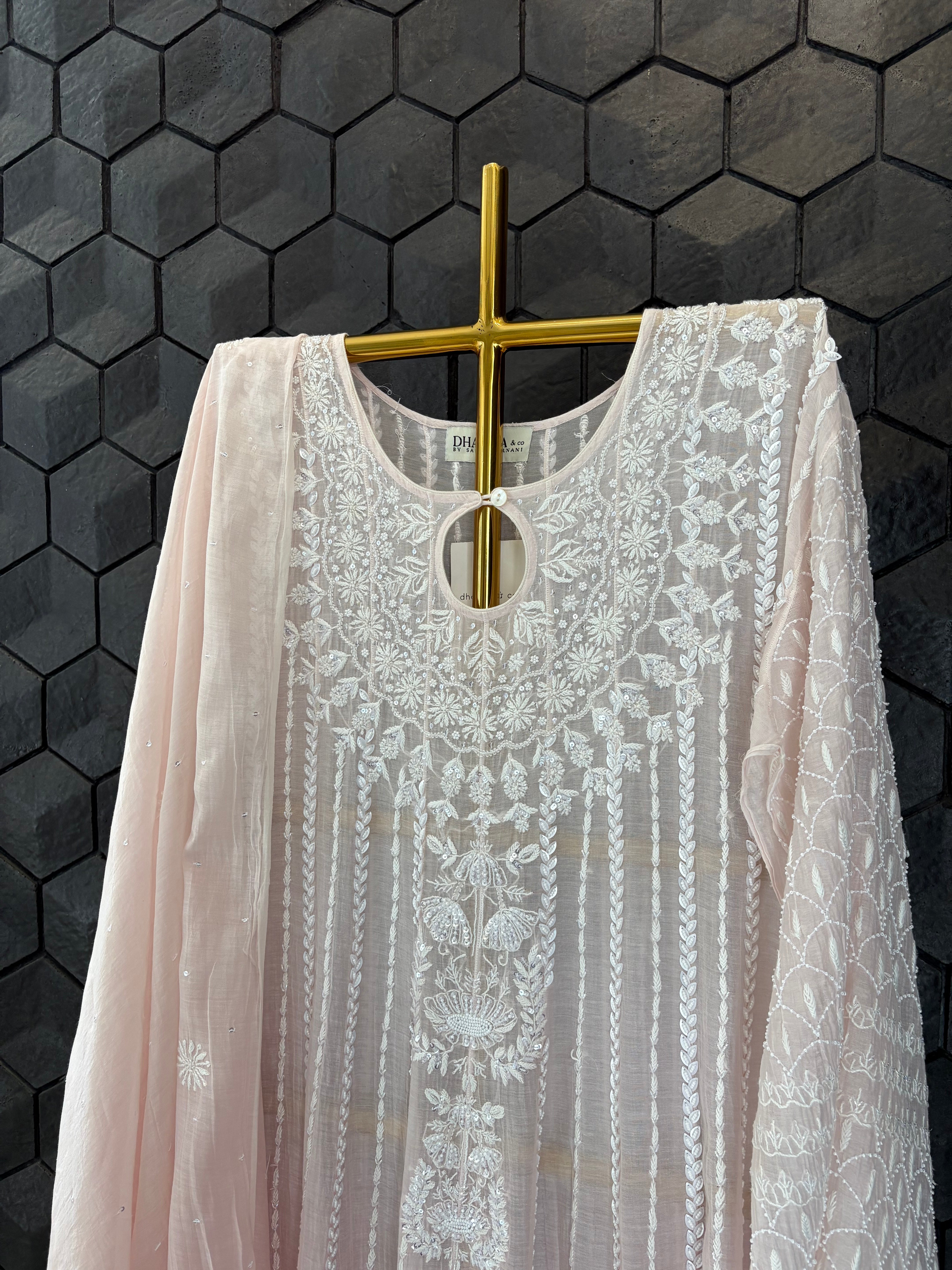 Pink Mul Chanderi Chikankari Anarkali Set