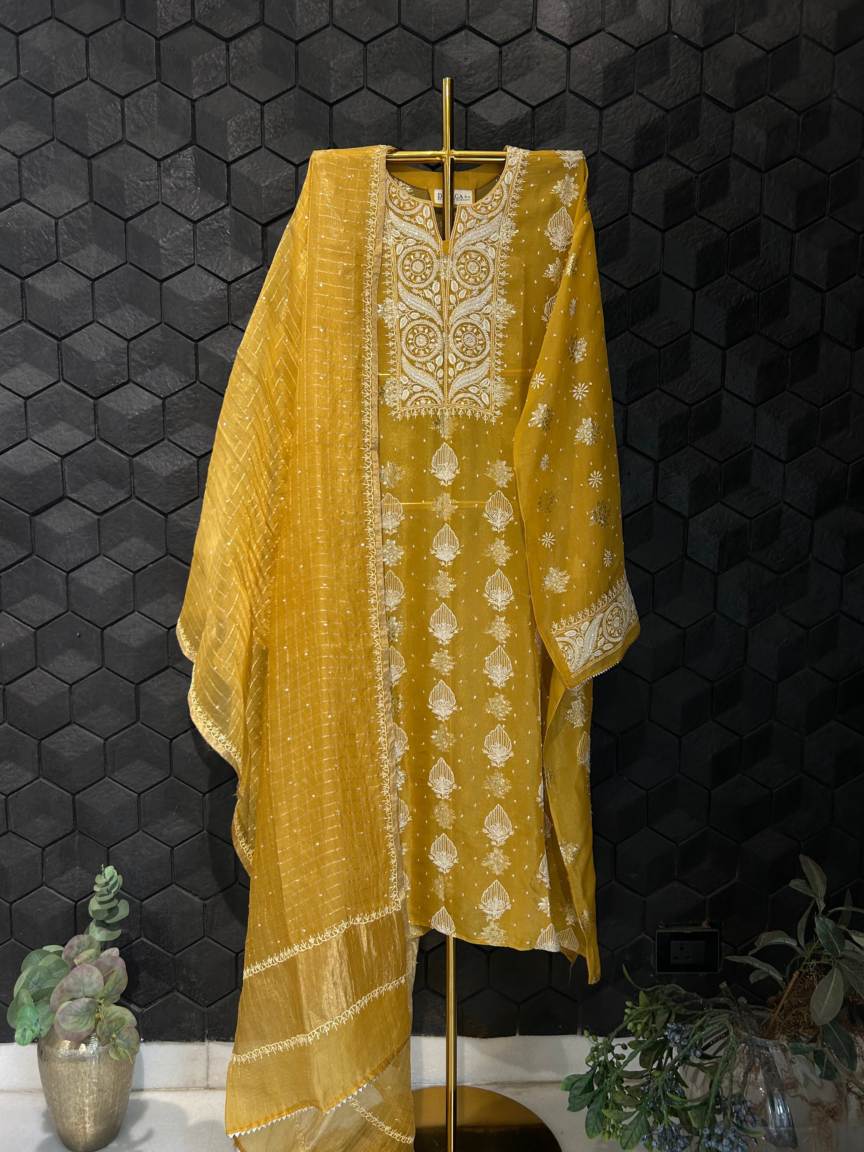 Mustard Shimmer Organza Chikankari Kurta Set