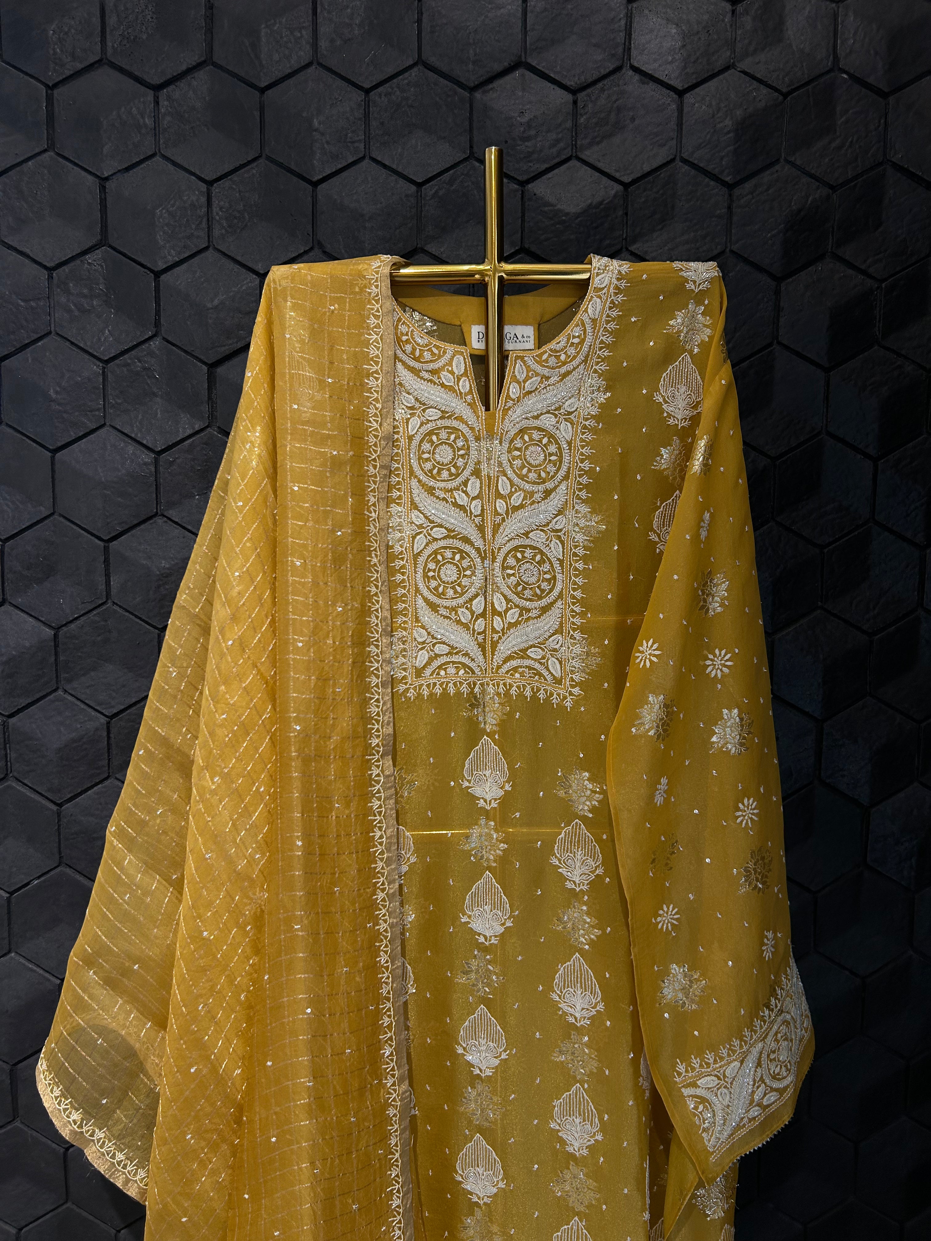 Mustard Shimmer Organza Chikankari Kurta Set