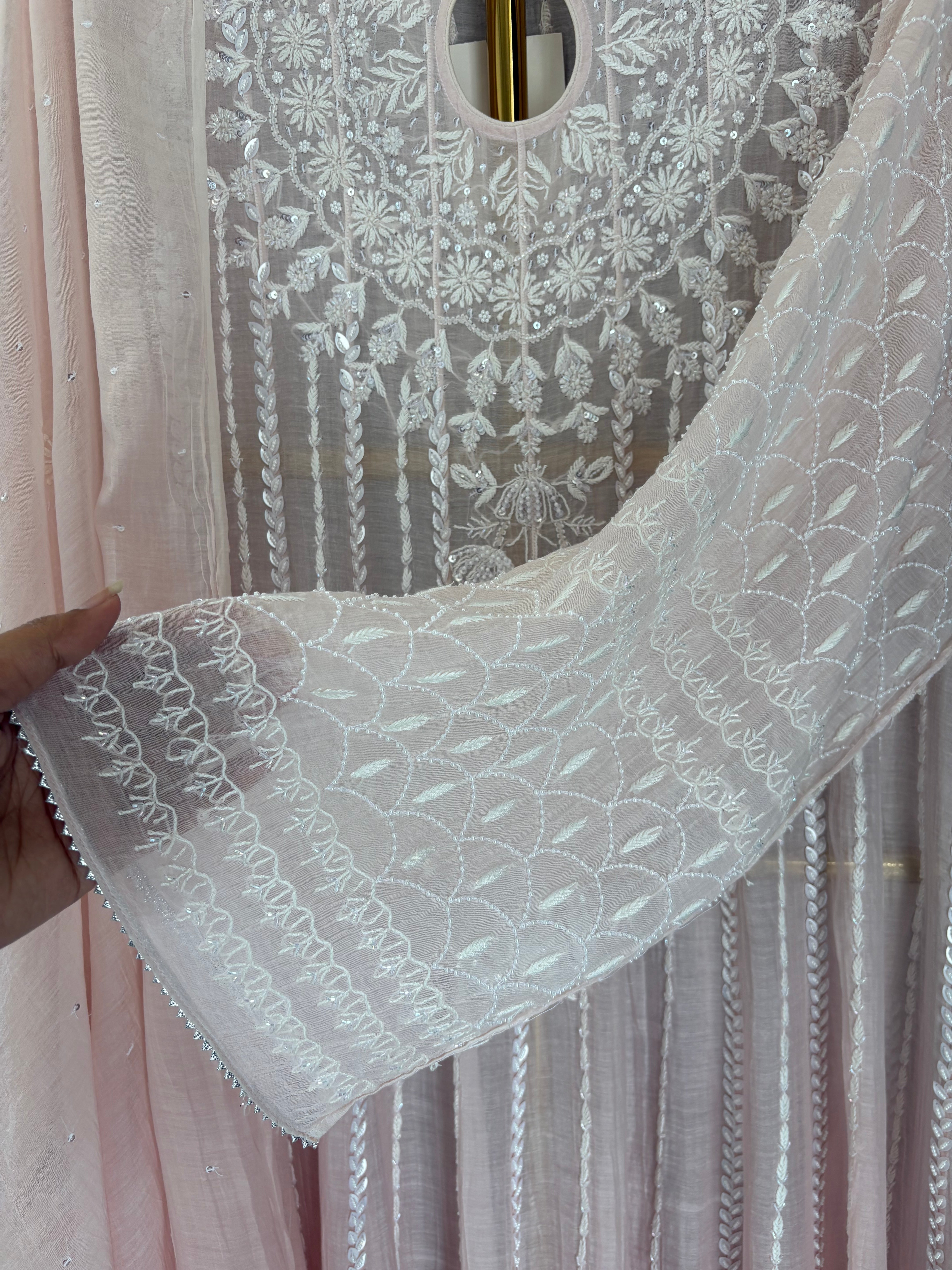 Pink Mul Chanderi Chikankari Anarkali Set