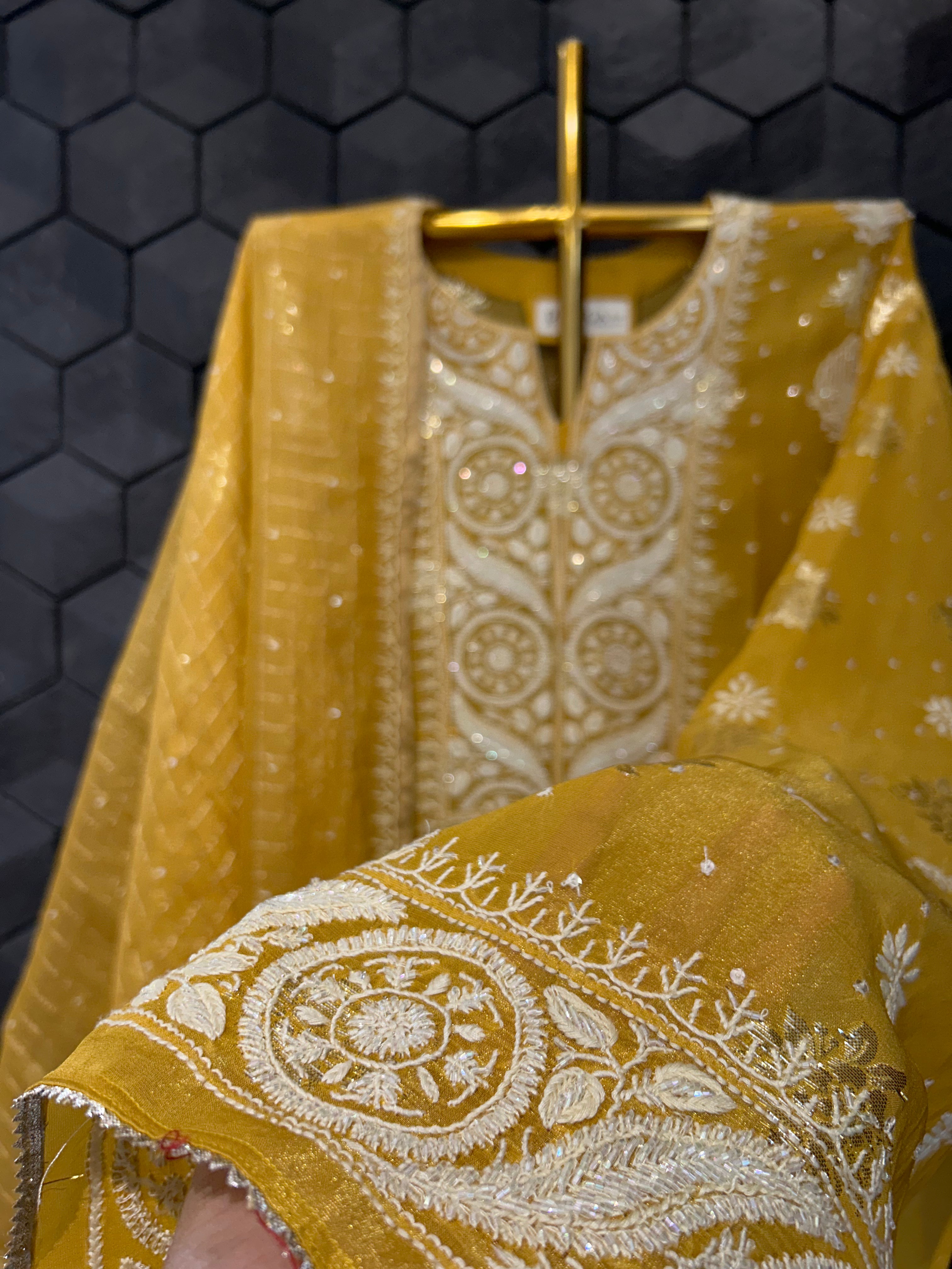 Mustard Shimmer Organza Chikankari Kurta Set