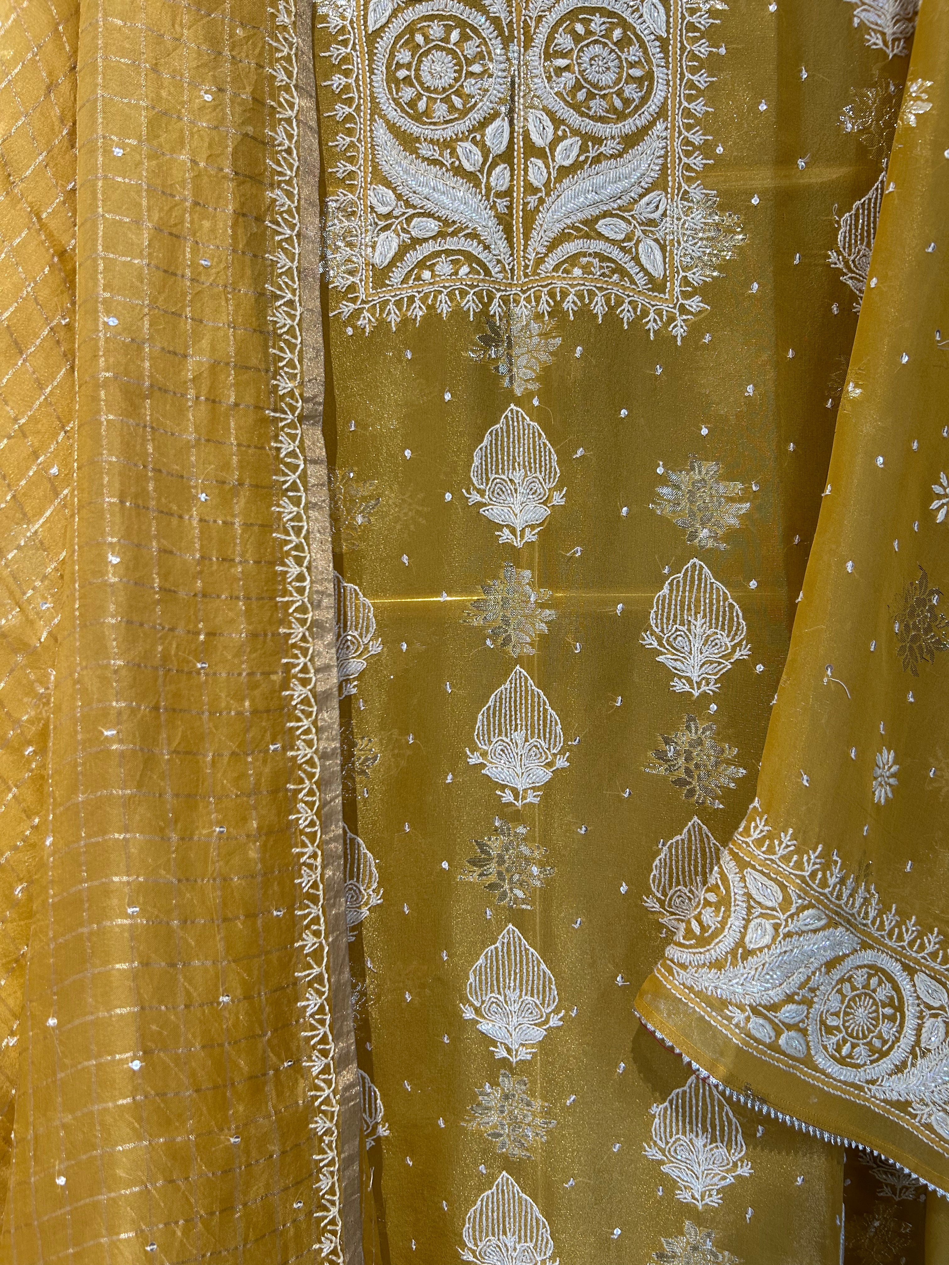 Mustard Shimmer Organza Chikankari Kurta Set
