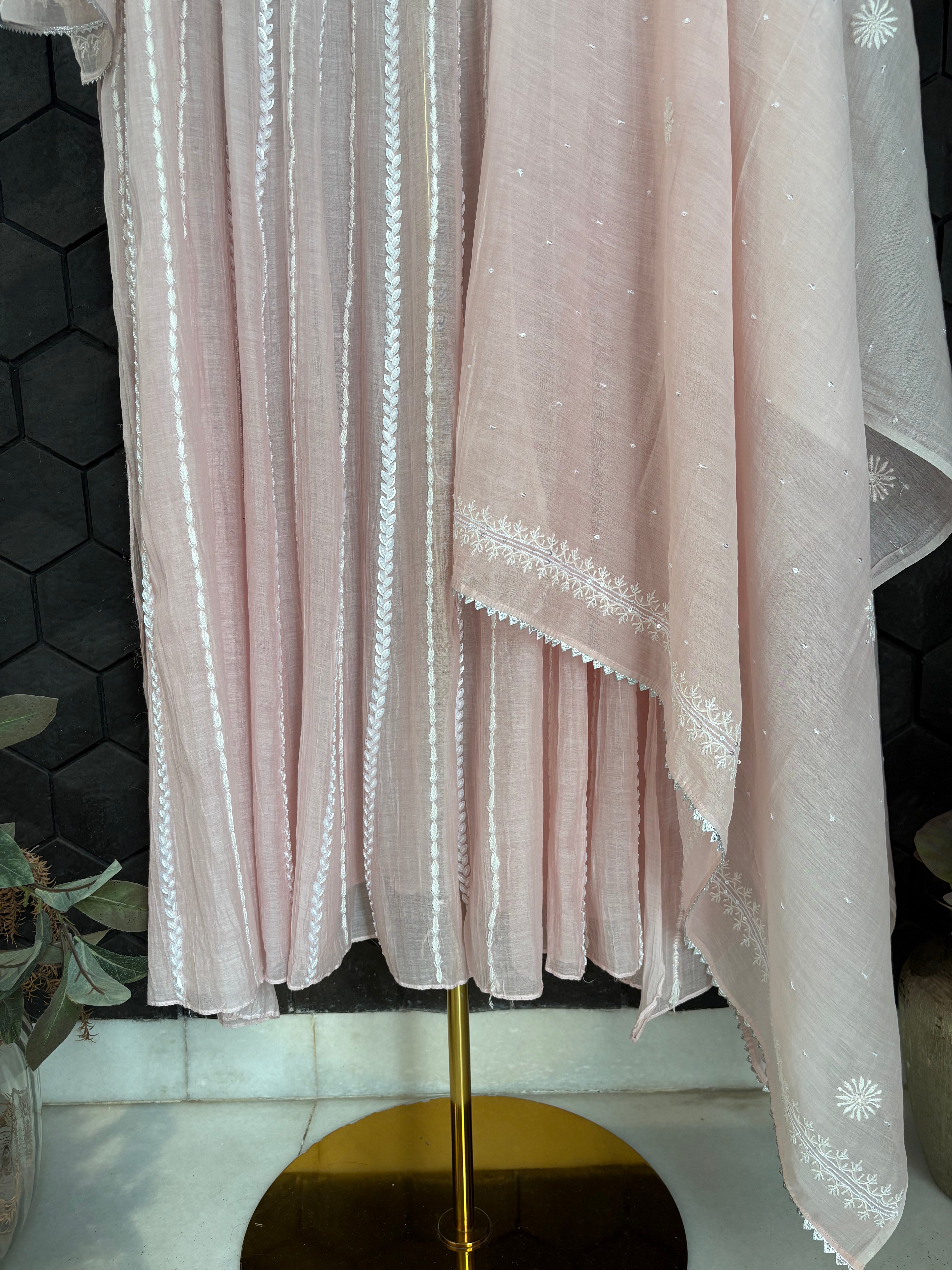 Pink Mul Chanderi Chikankari Anarkali Set
