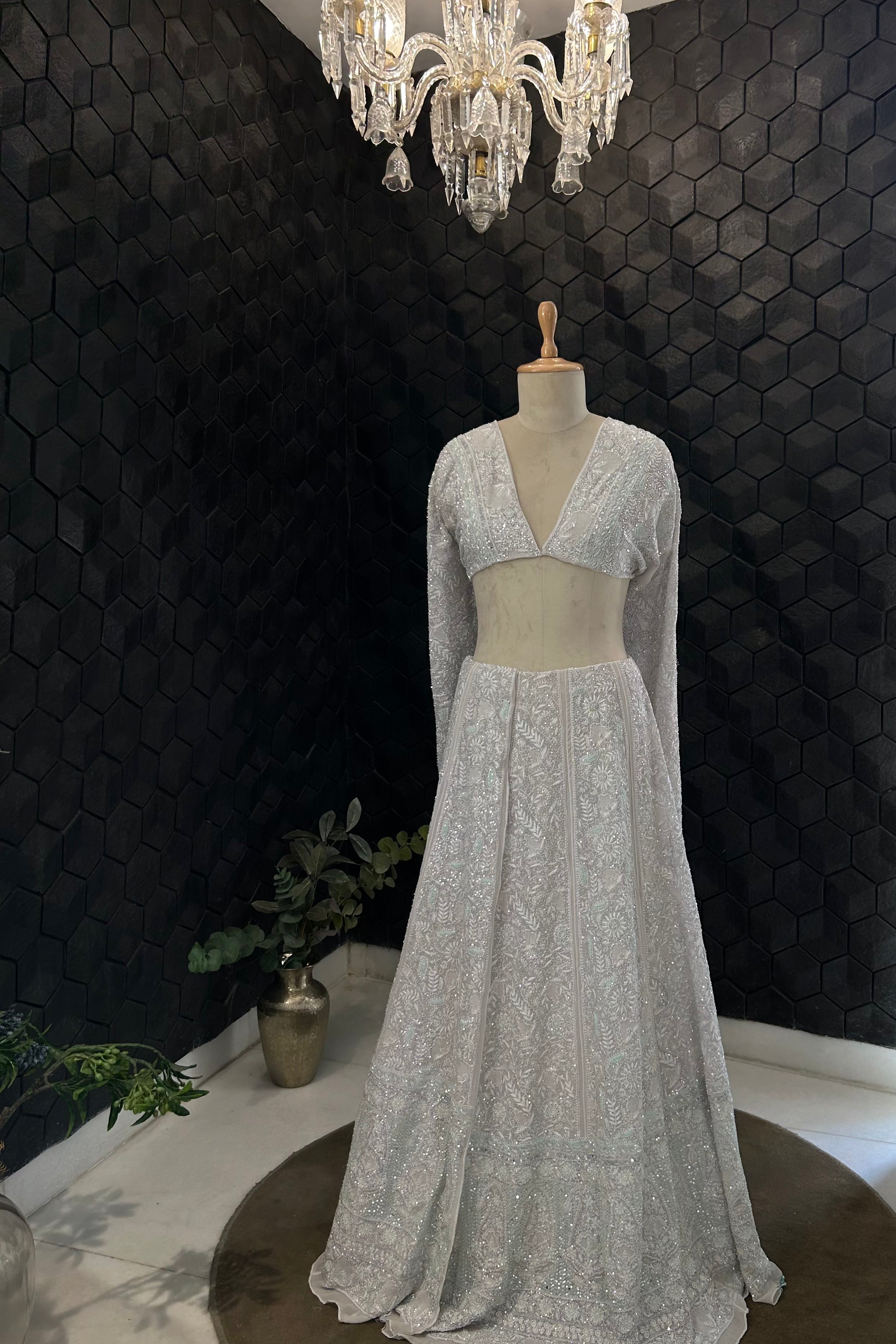 Grey CHIKANKARI PREMIUM LEHENGA Set
