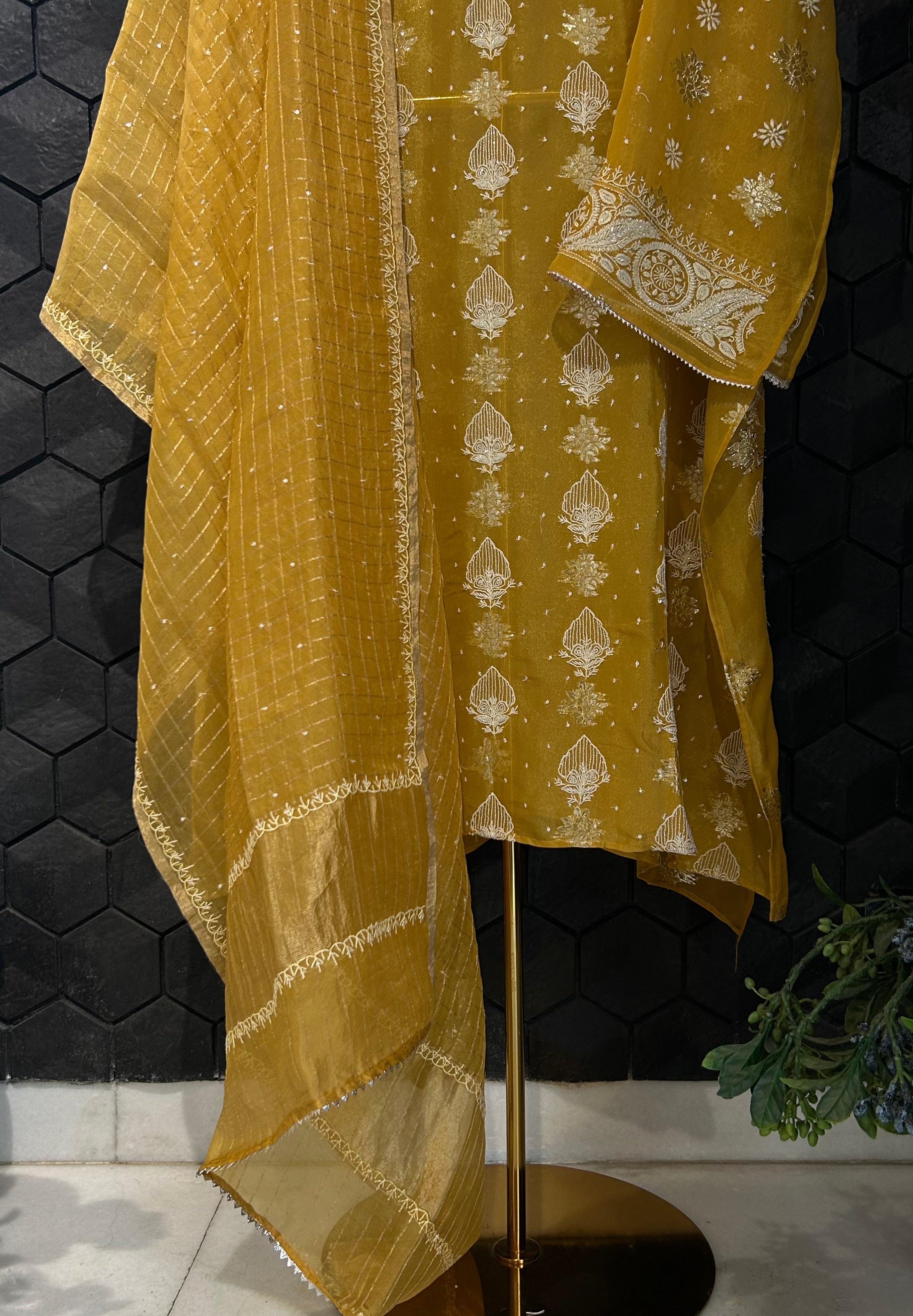 Mustard Shimmer Organza Chikankari Kurta Set