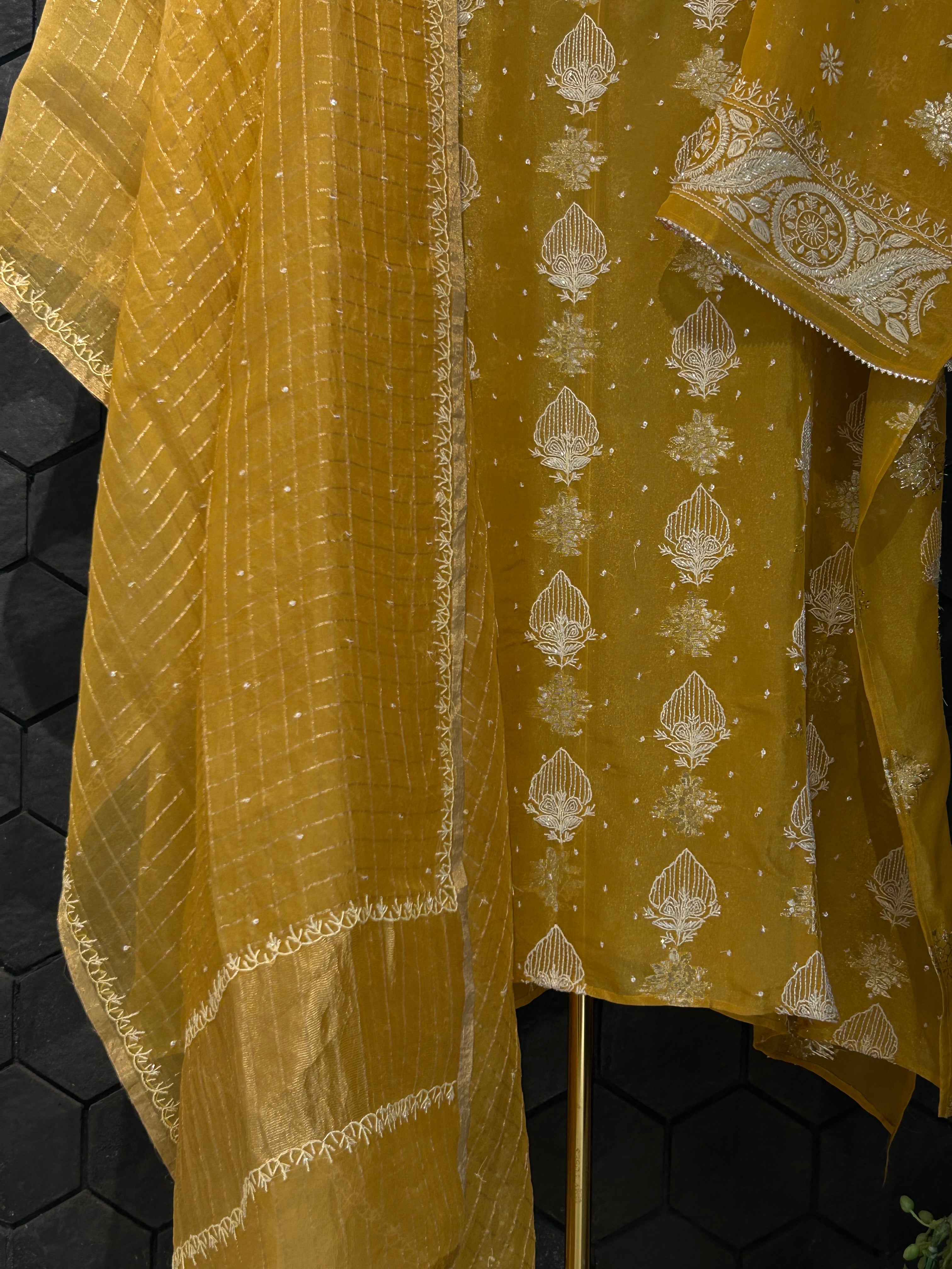 Mustard Shimmer Organza Chikankari Kurta Set
