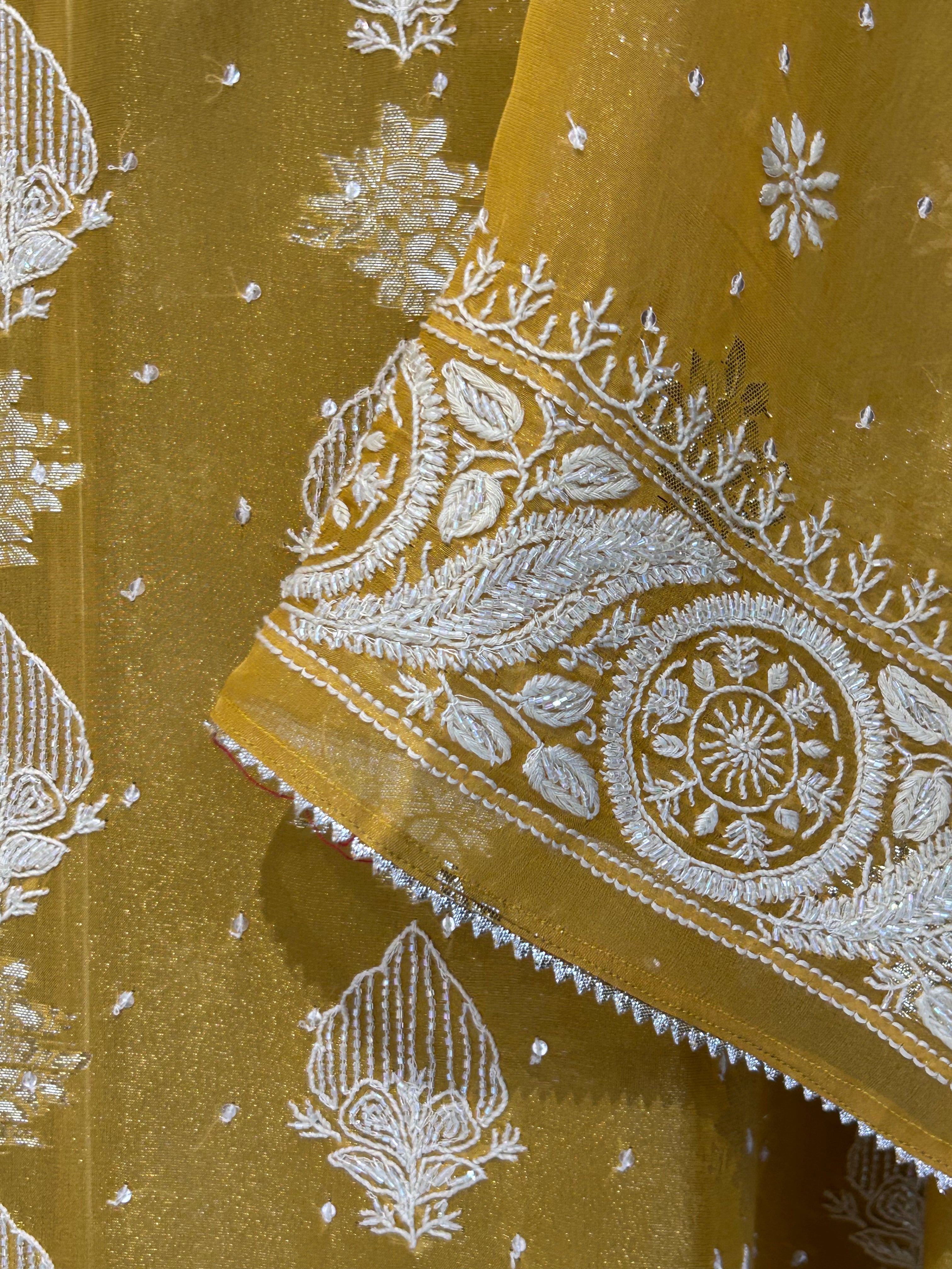 Mustard Shimmer Organza Chikankari Kurta Set