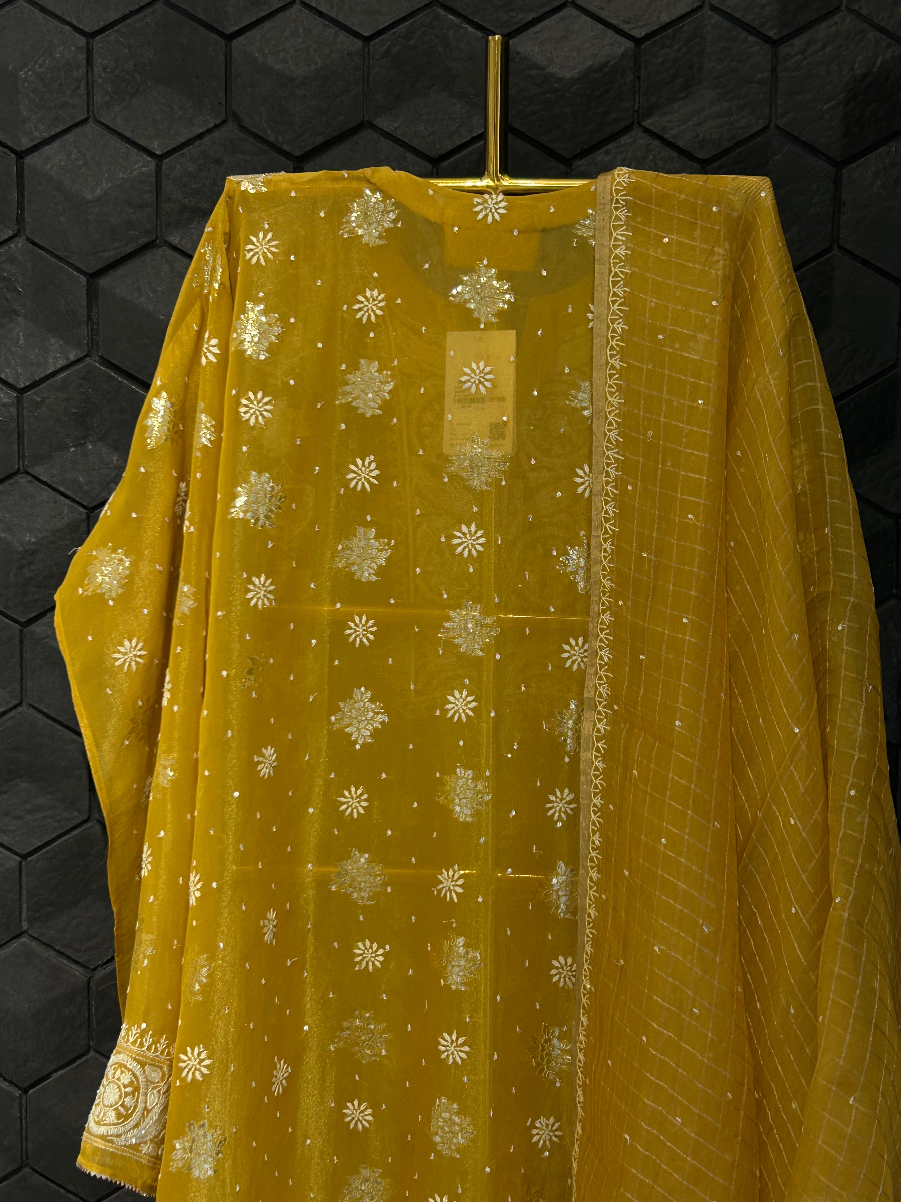 Mustard Shimmer Organza Chikankari Kurta Set