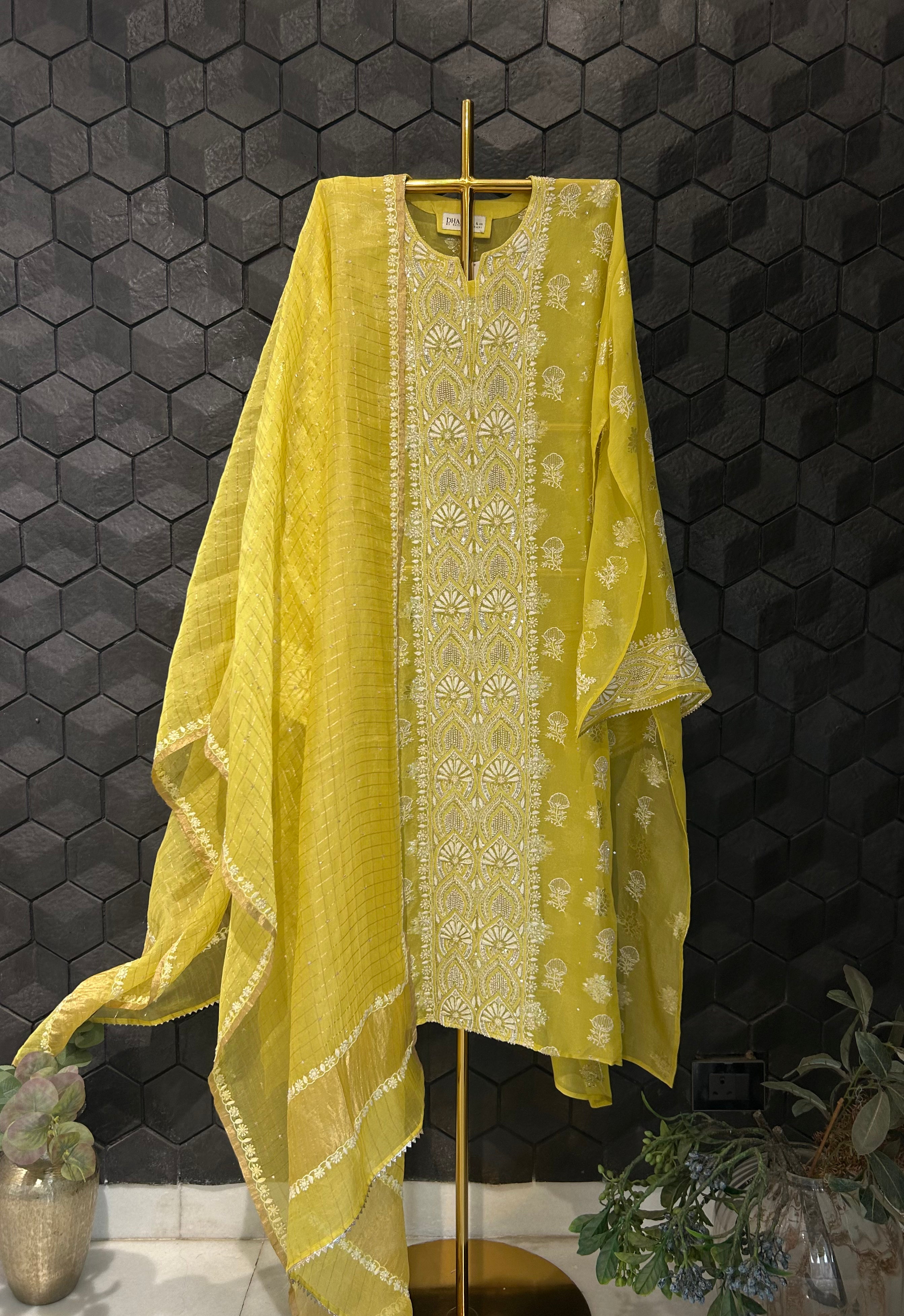 Lime Green Shimmer Organza Chikankari Kurta Set