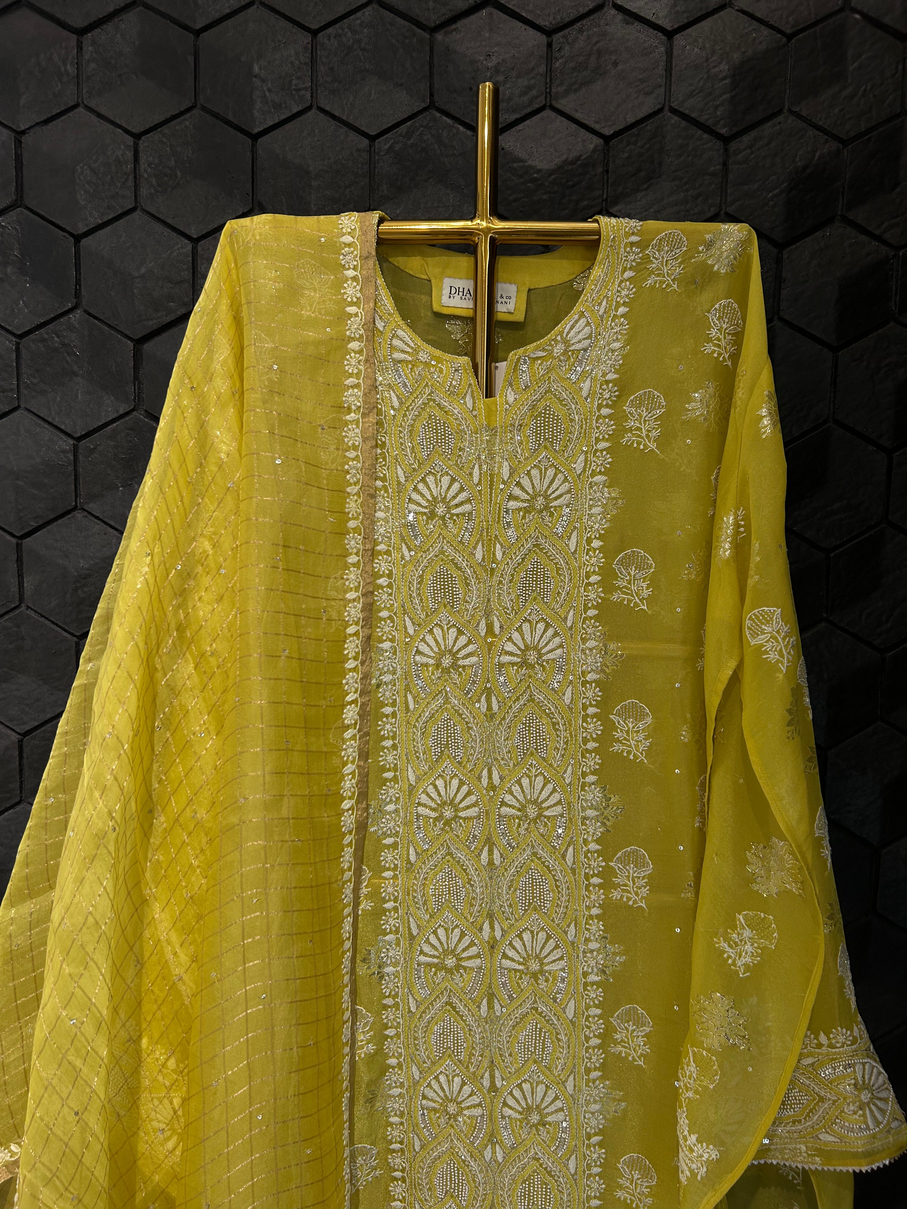 Lime Green Shimmer Organza Chikankari Kurta Set