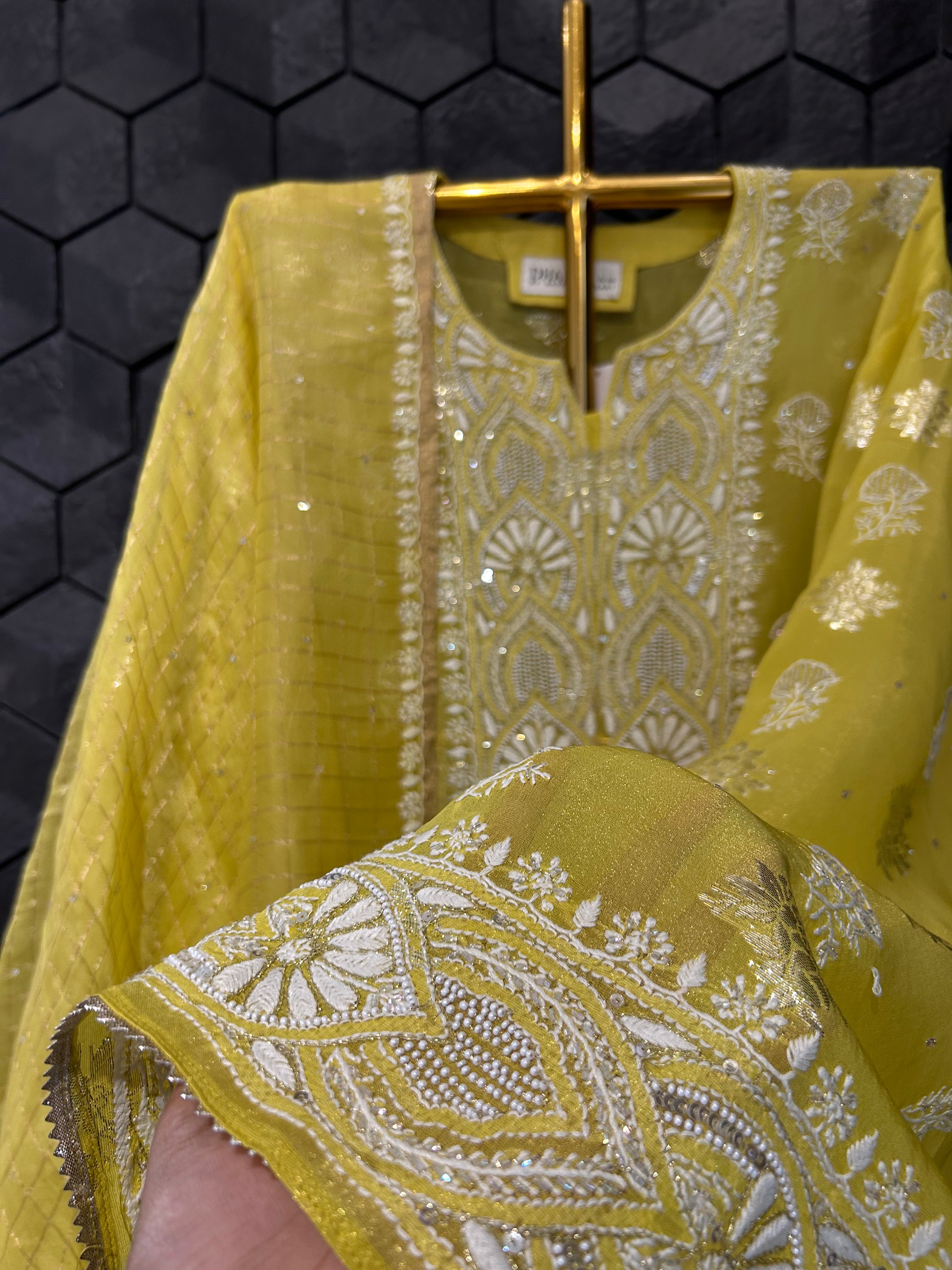 Lime Green Shimmer Organza Chikankari Kurta Set