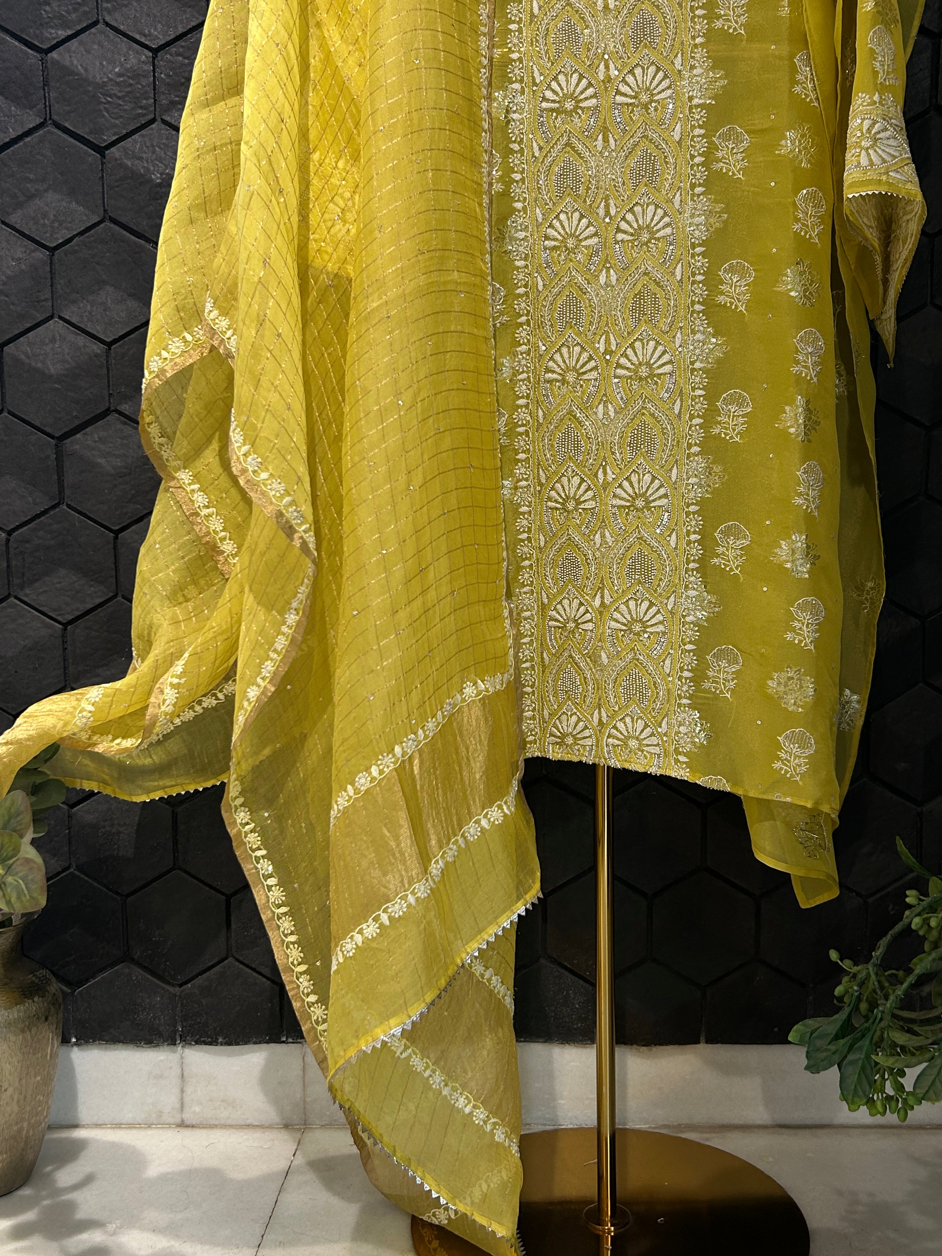 Lime Green Shimmer Organza Chikankari Kurta Set