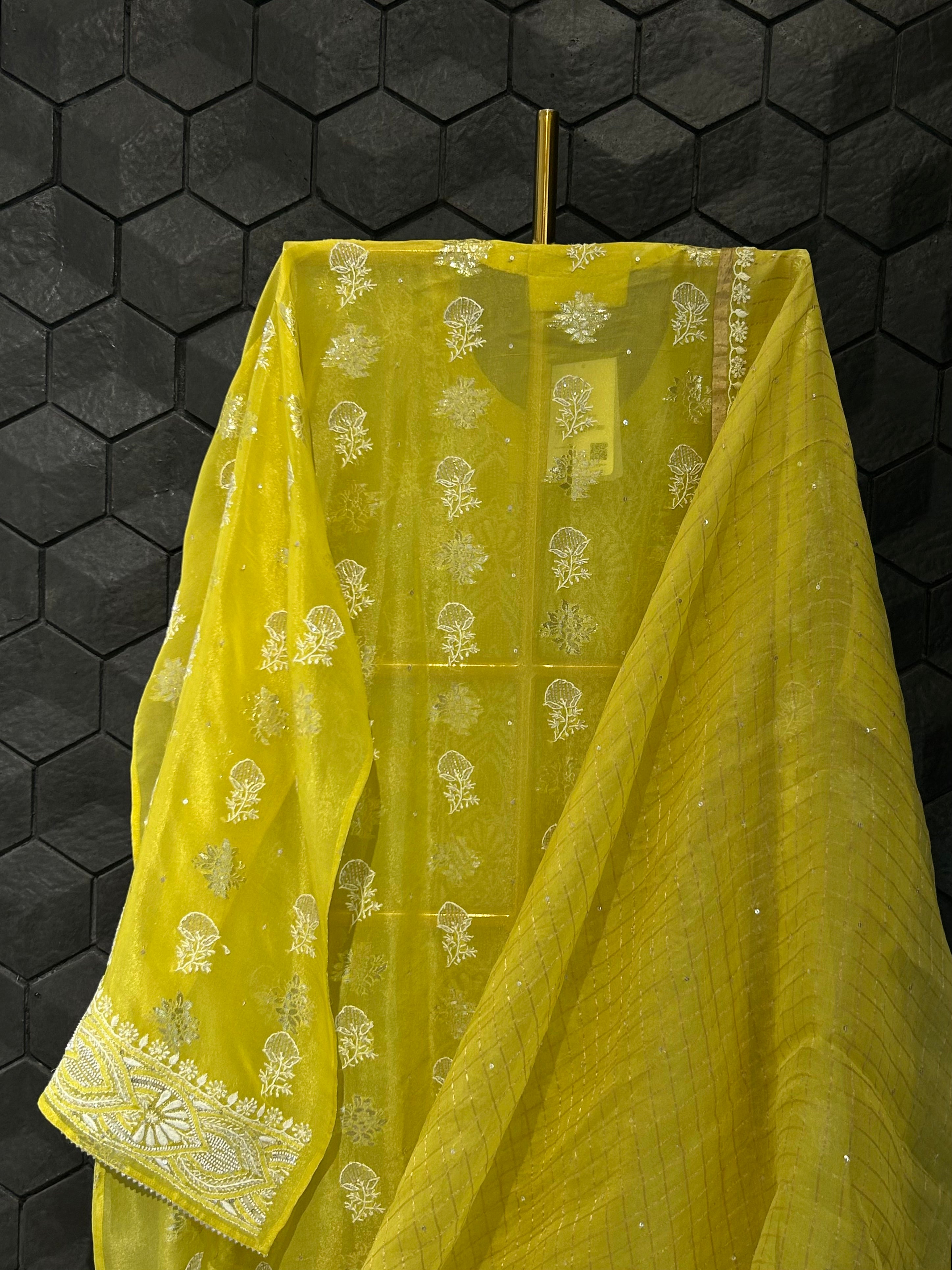 Lime Green Shimmer Organza Chikankari Kurta Set