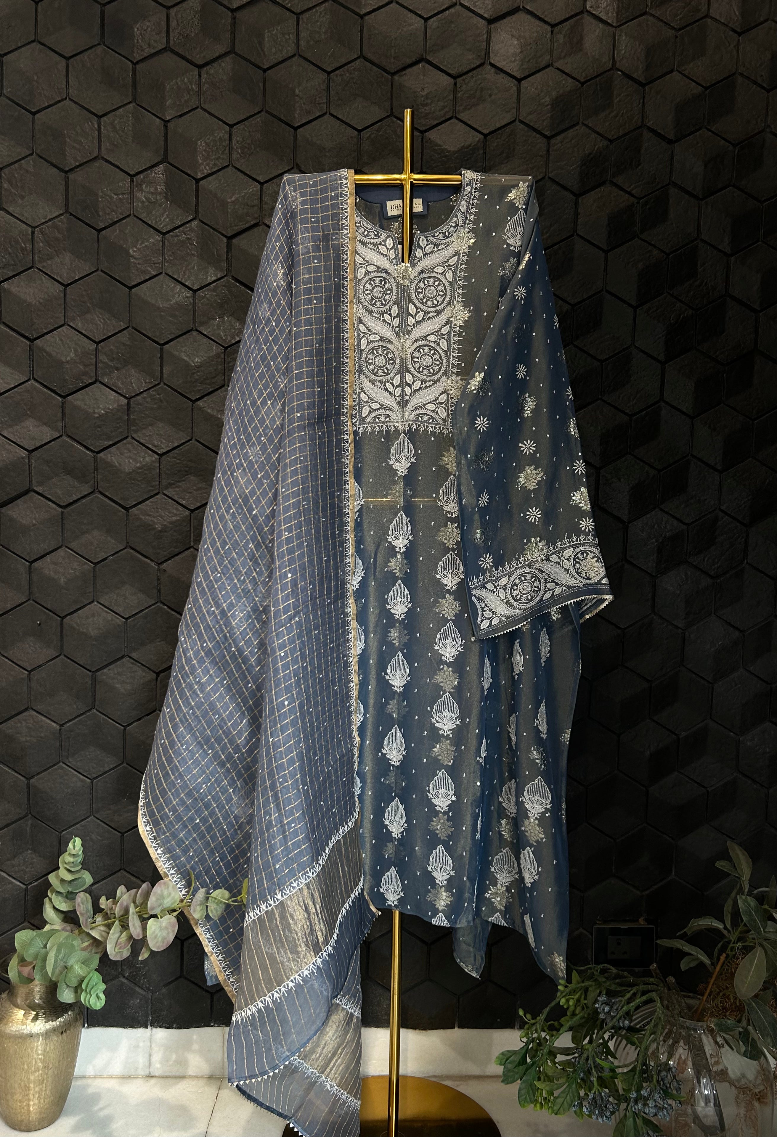 Cobalt Blue Shimmer Organza Chikankari Kurta Set