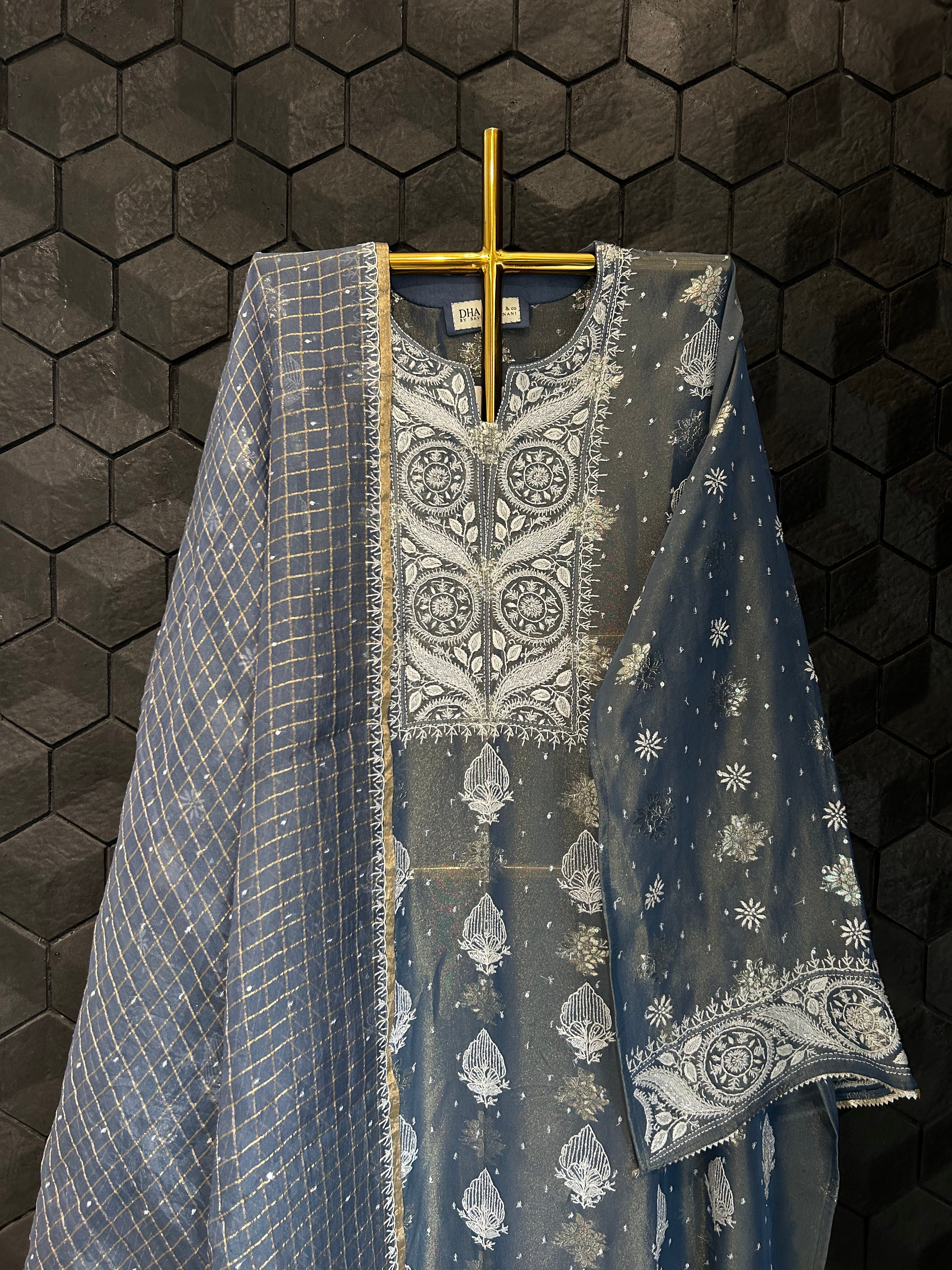 Cobalt Blue Shimmer Organza Chikankari Kurta Set