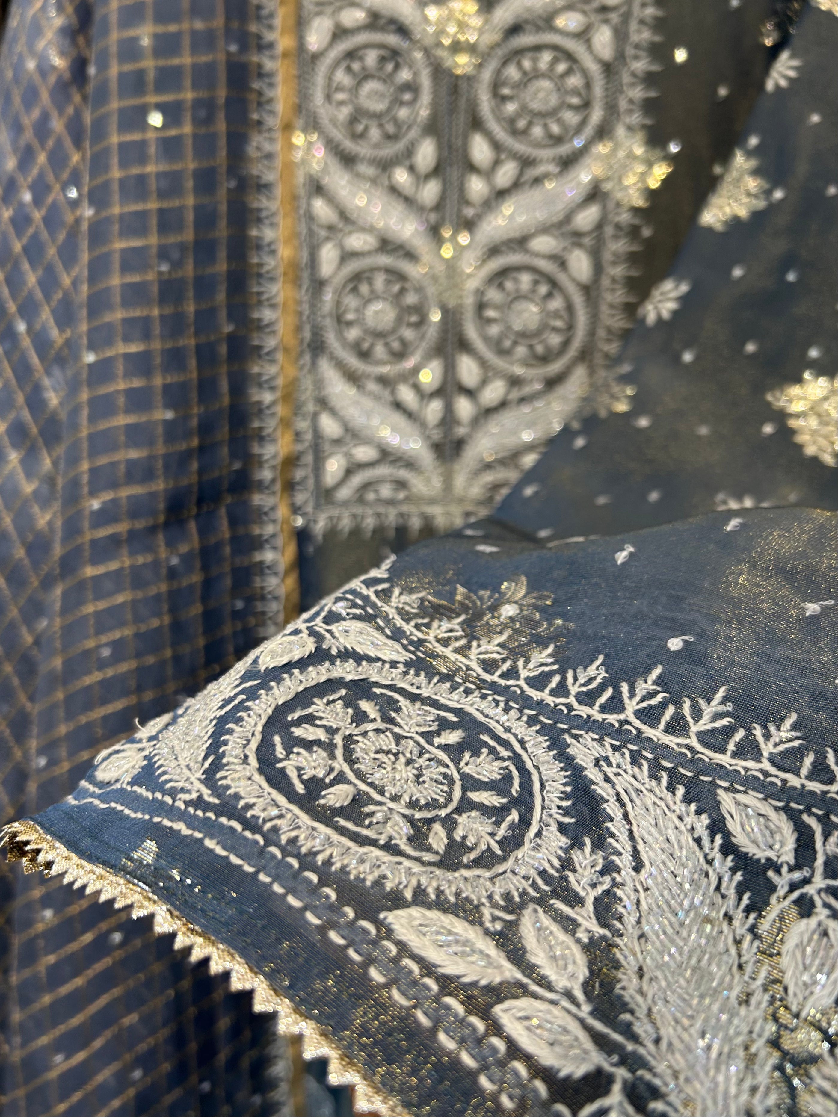 Cobalt Blue Shimmer Organza Chikankari Kurta Set