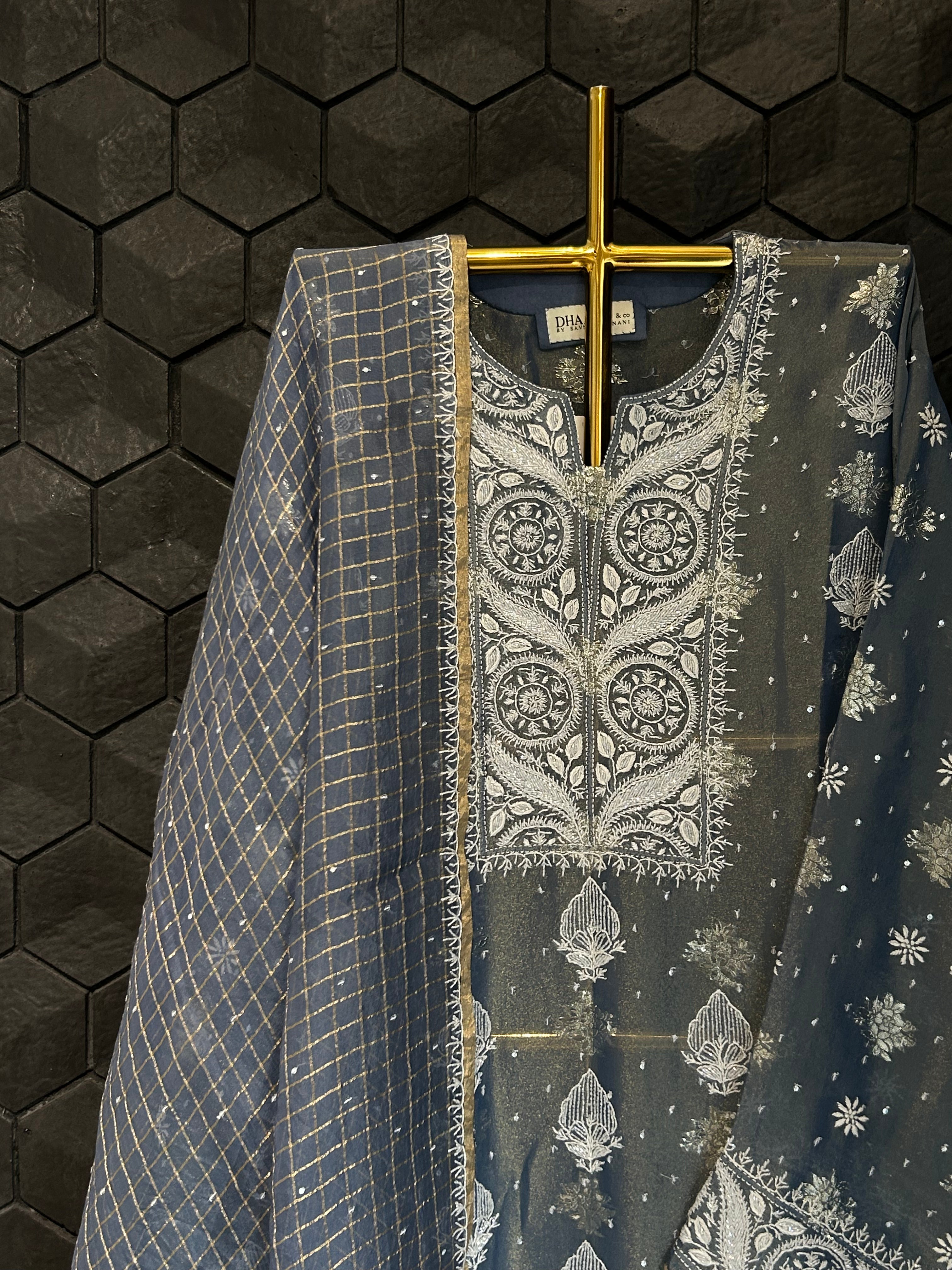 Cobalt Blue Shimmer Organza Chikankari Kurta Set
