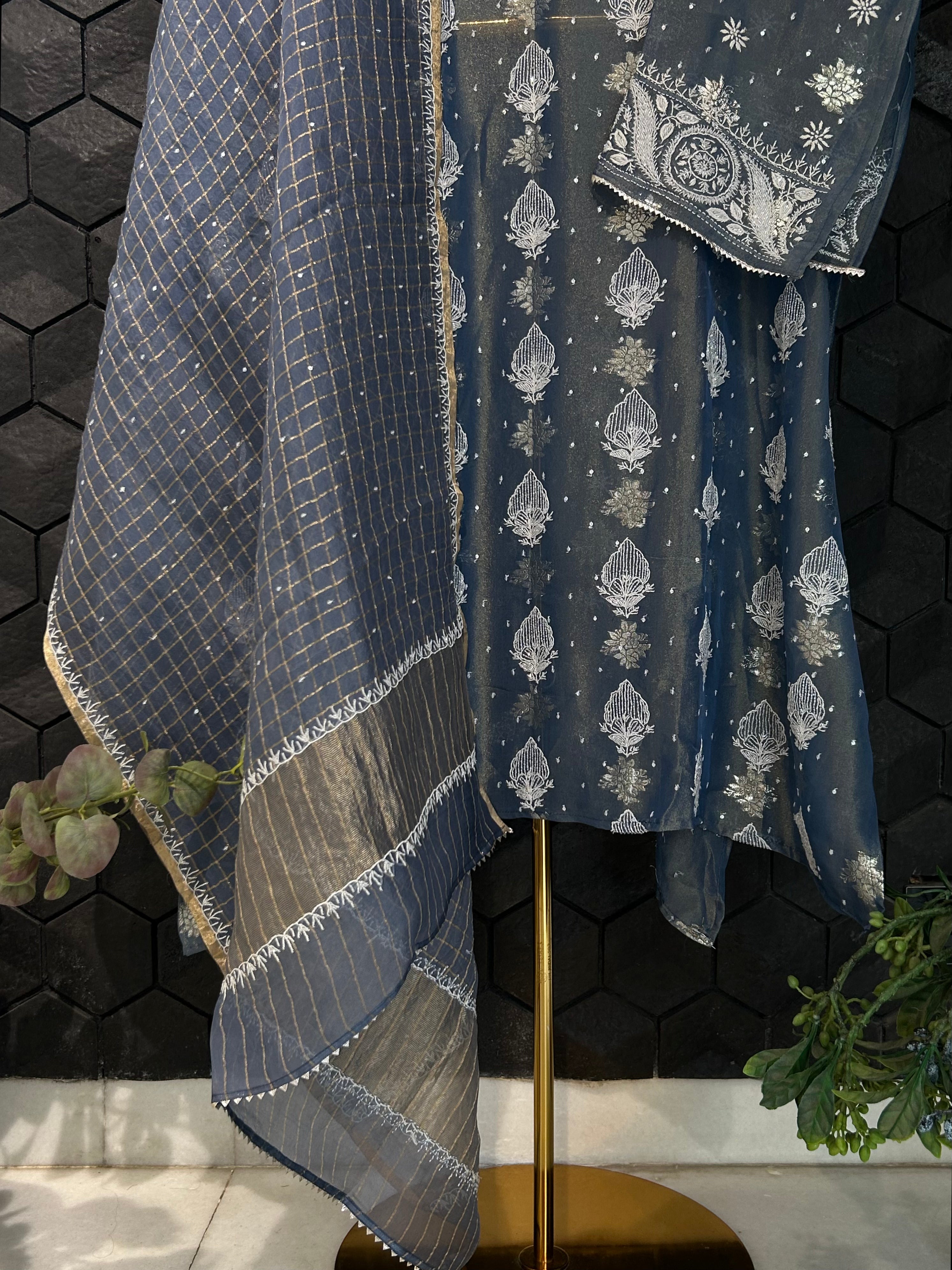 Cobalt Blue Shimmer Organza Chikankari Kurta Set