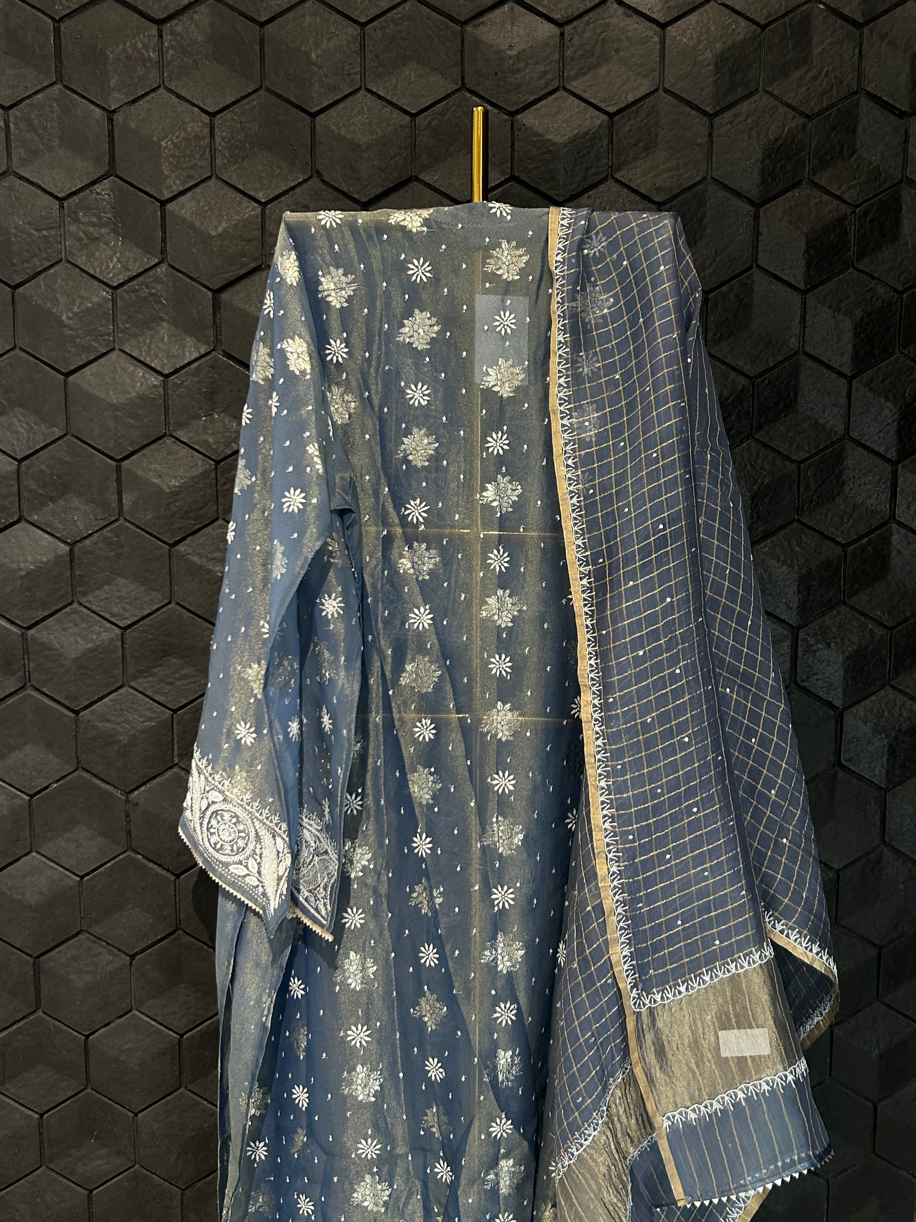 Cobalt Blue Shimmer Organza Chikankari Kurta Set
