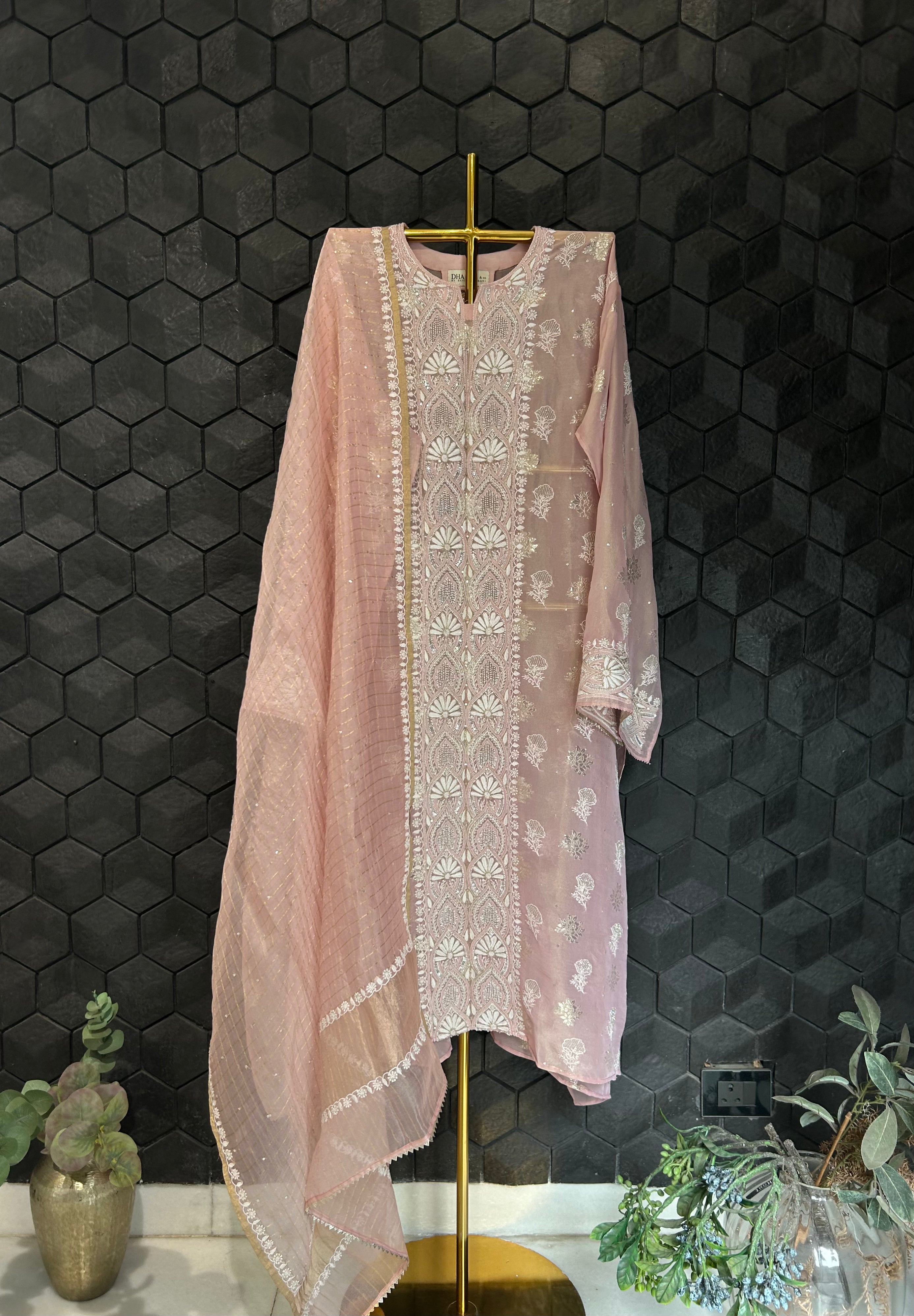 Pink Shimmer Organza Chikankari kurta Set