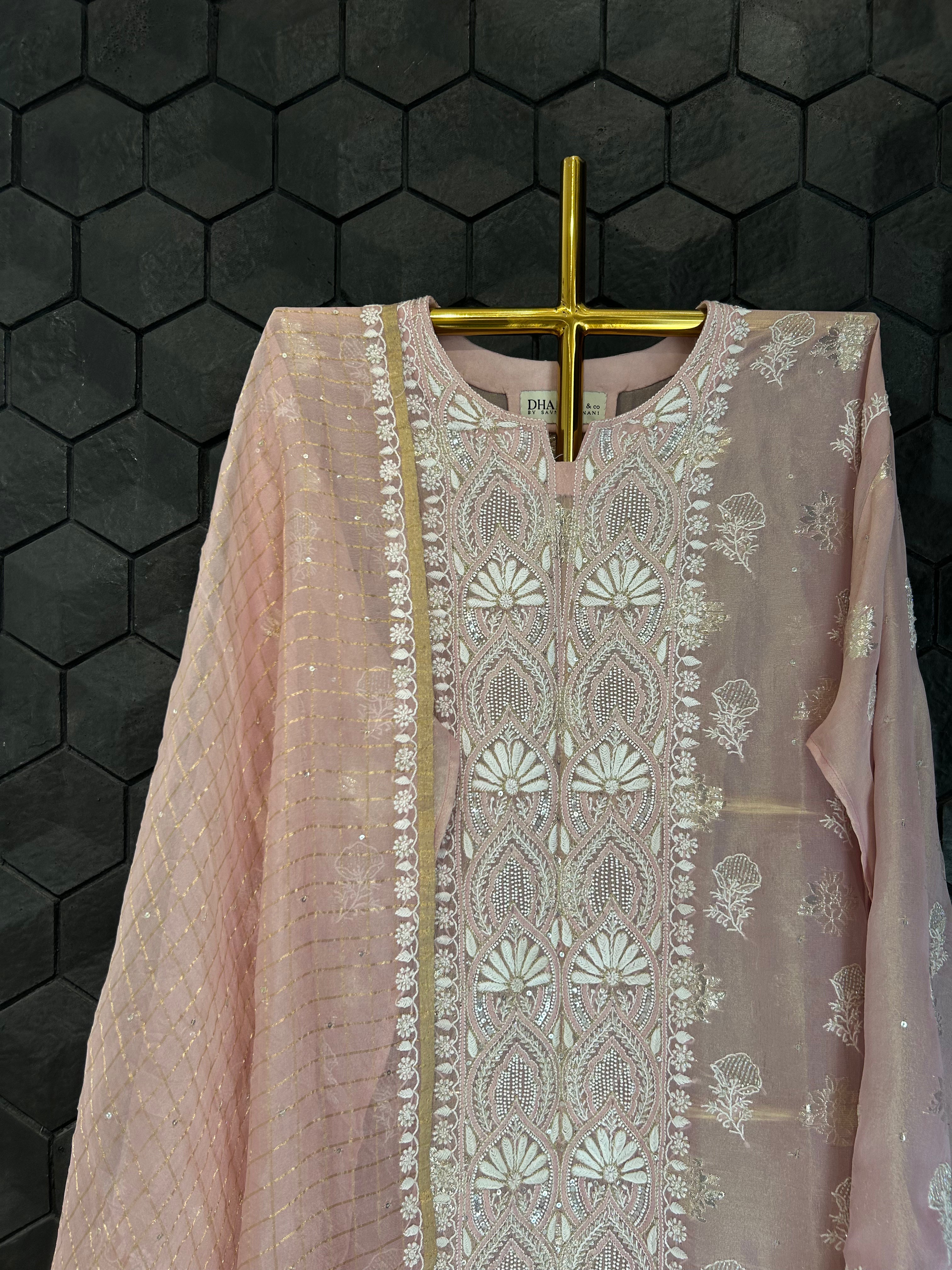 Pink Shimmer Organza Chikankari kurta Set