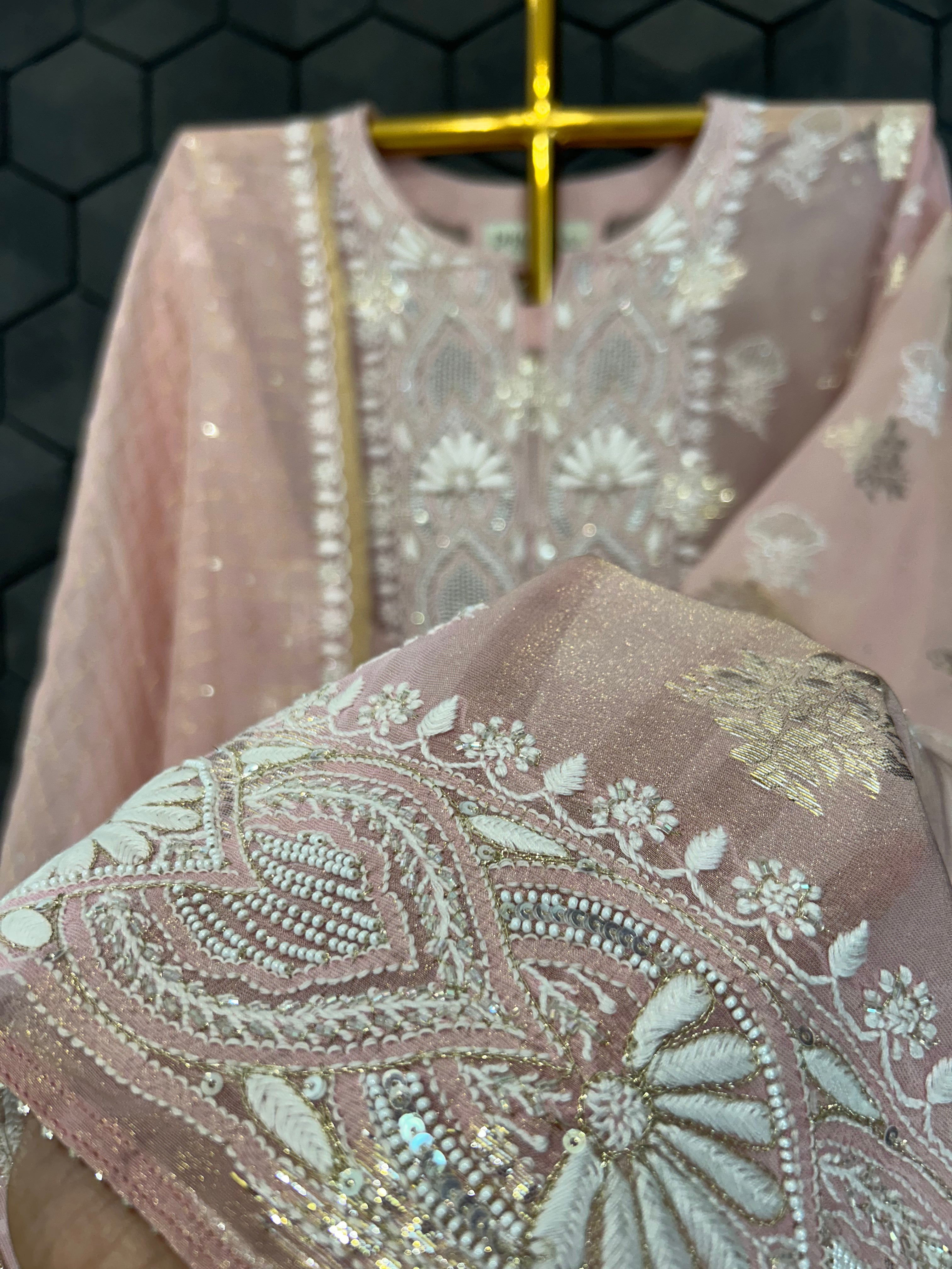 Pink Shimmer Organza Chikankari kurta Set