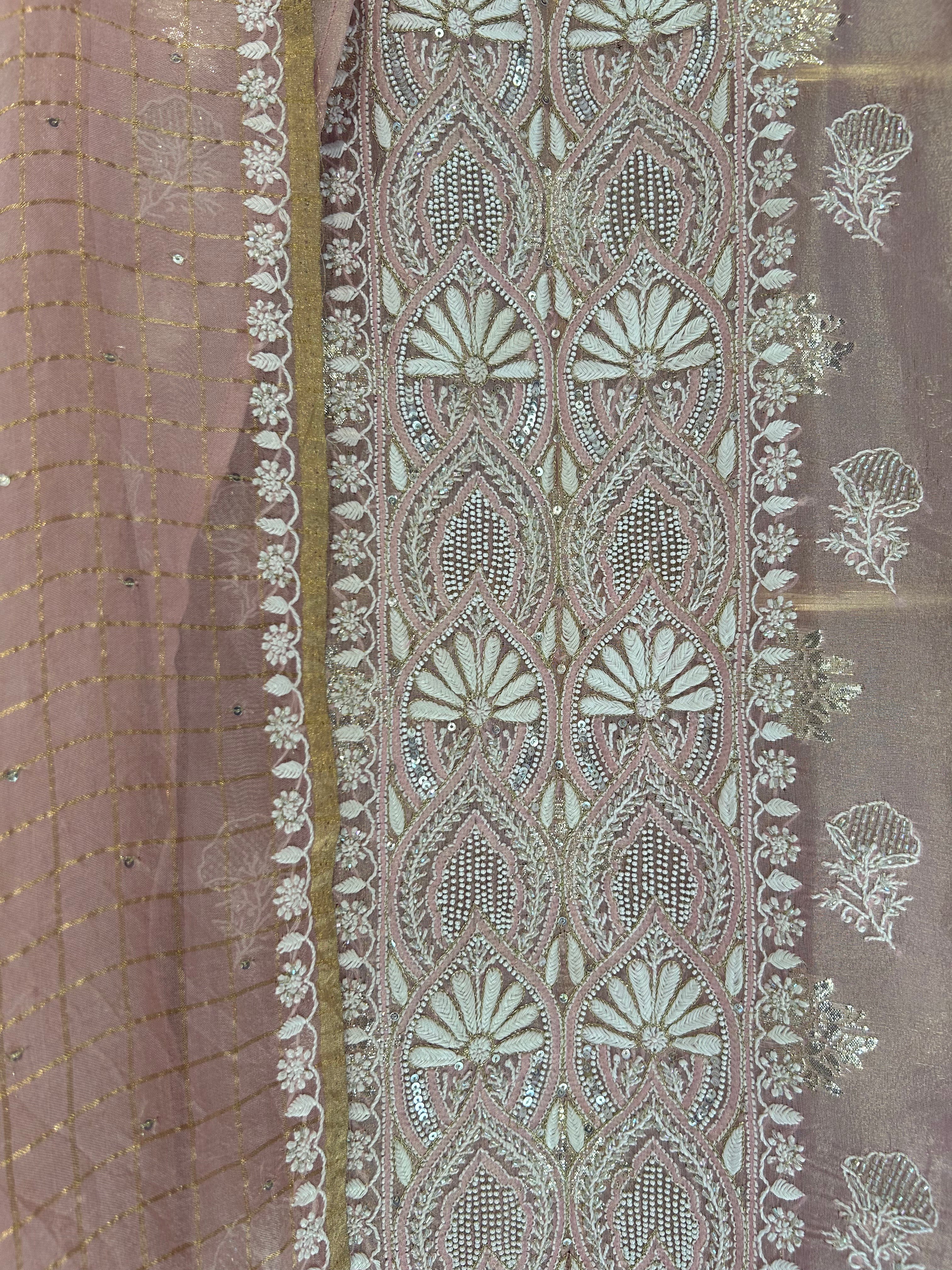 Pink Shimmer Organza Chikankari kurta Set