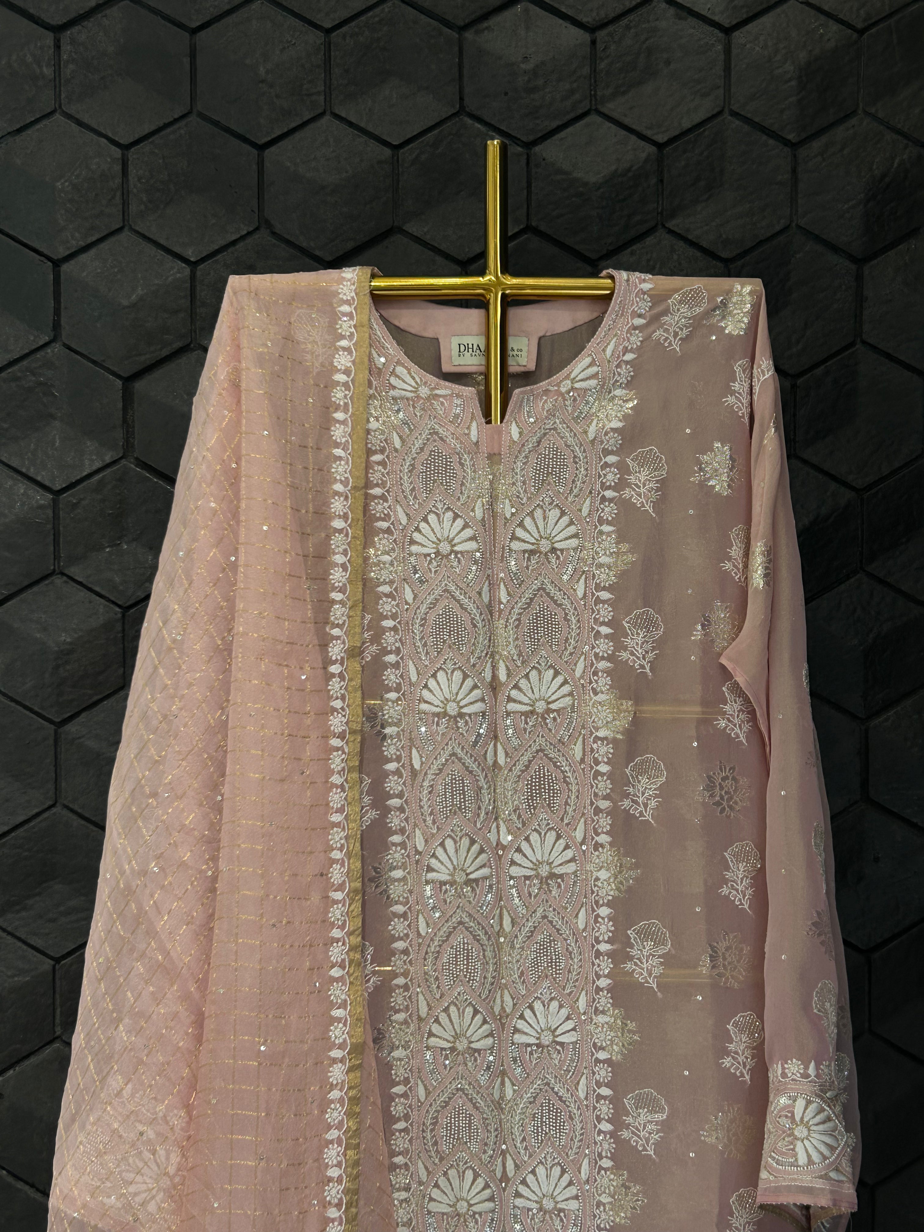 Pink Shimmer Organza Chikankari kurta Set