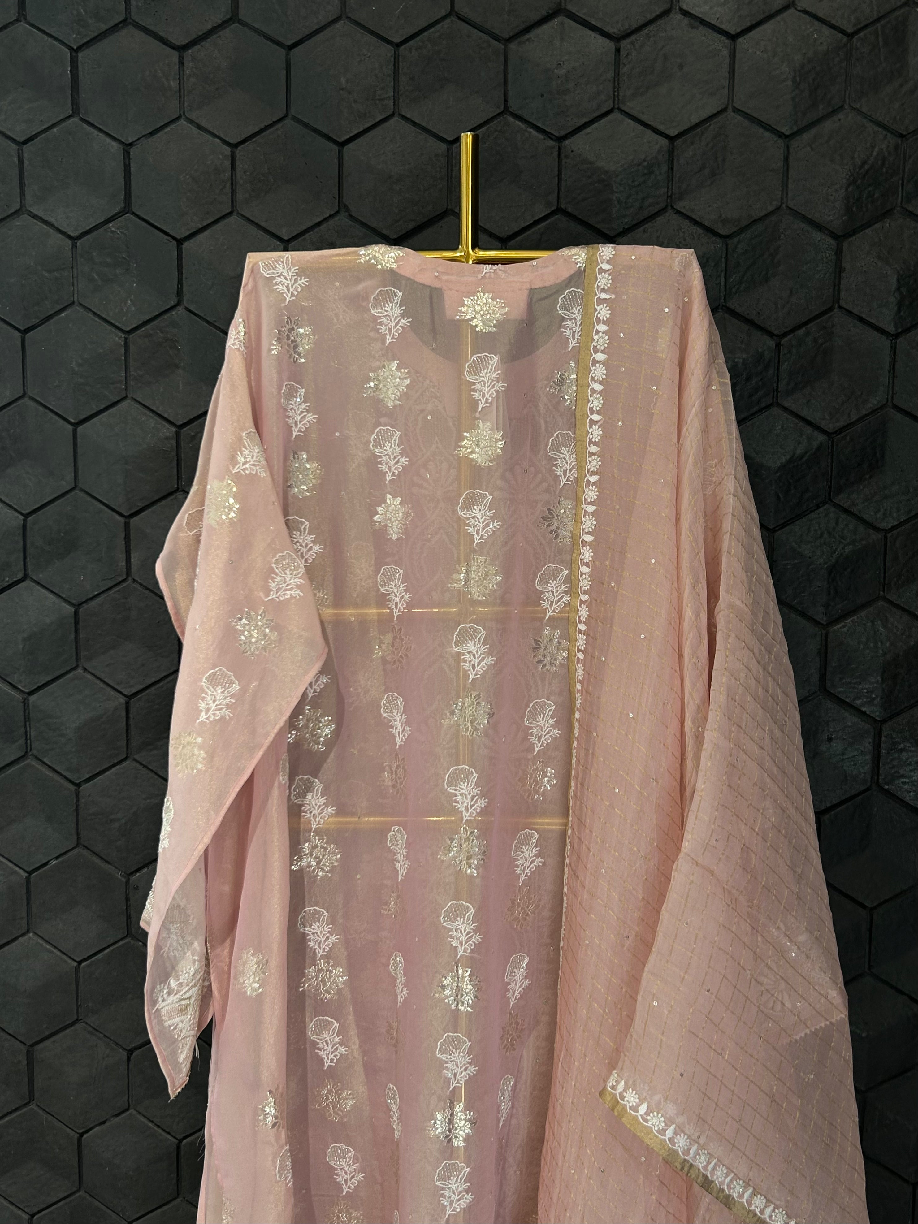 Pink Shimmer Organza Chikankari kurta Set