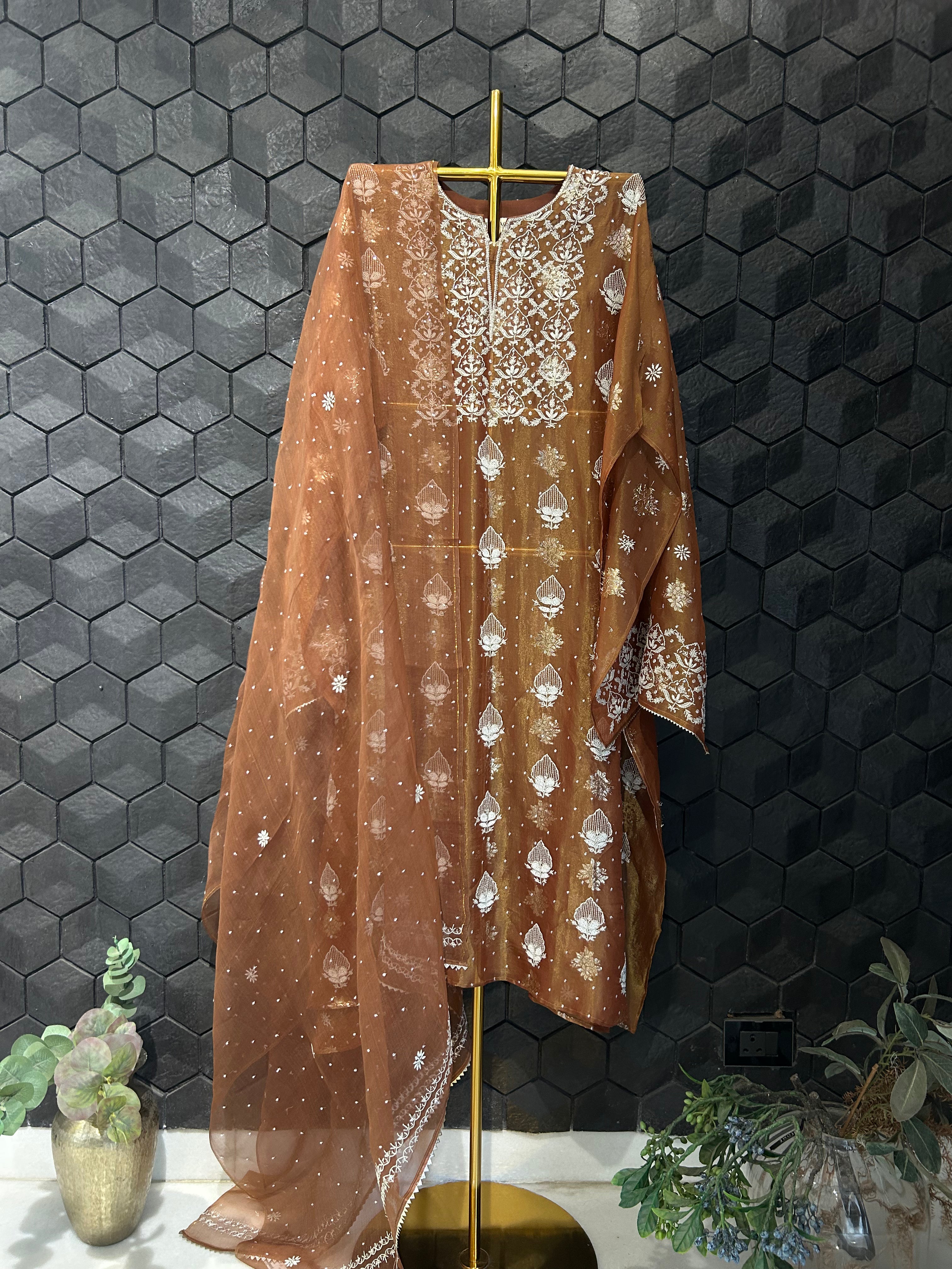 Brown Shimmer Organza Chikankari Kurta Set