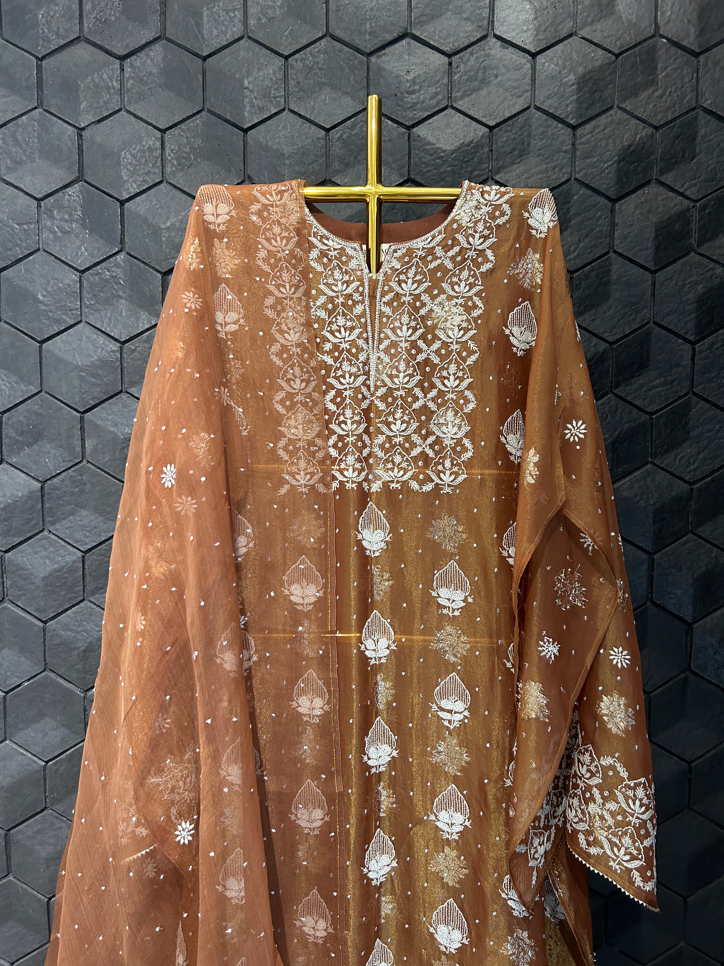 Brown Shimmer Organza Chikankari Kurta Set