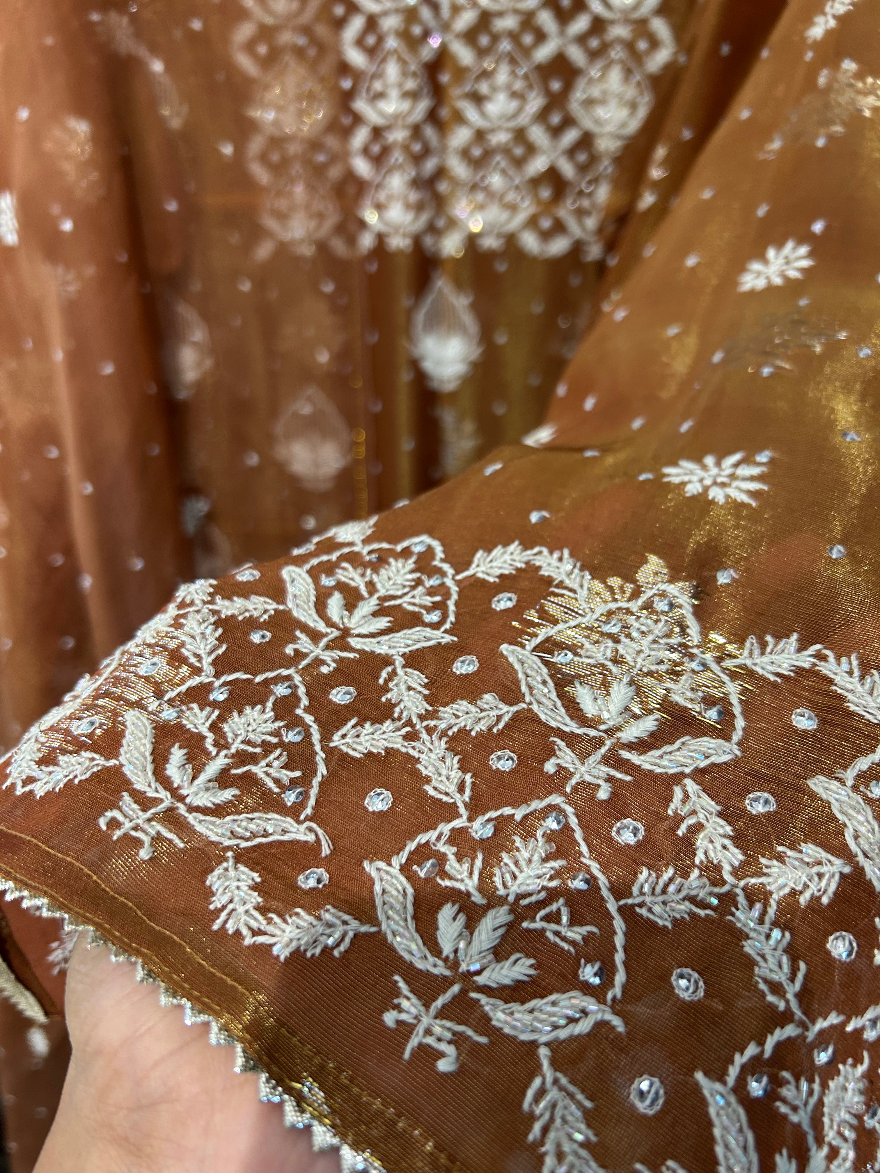 Brown Shimmer Organza Chikankari Kurta Set