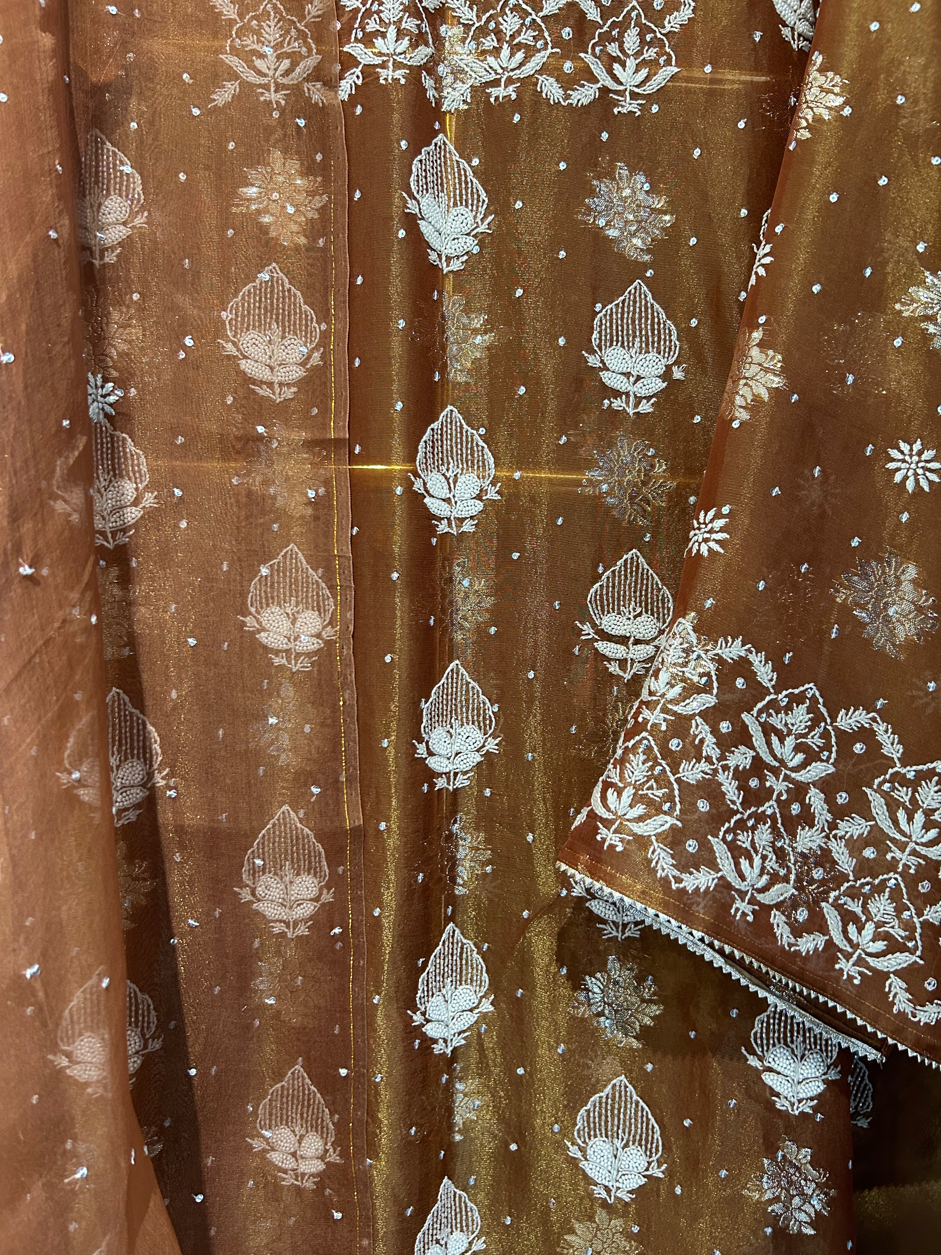 Brown Shimmer Organza Chikankari Kurta Set