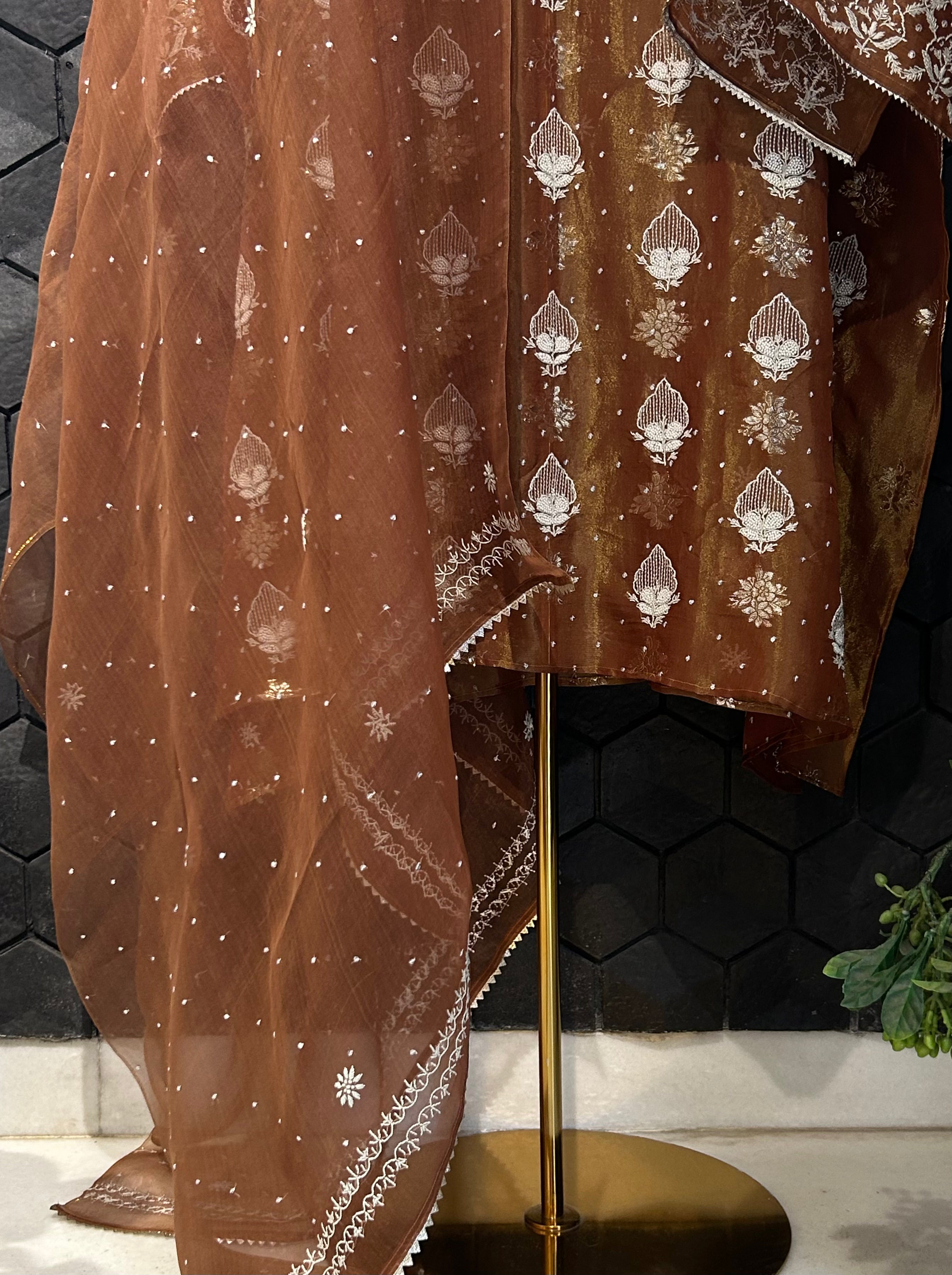 Brown Shimmer Organza Chikankari Kurta Set