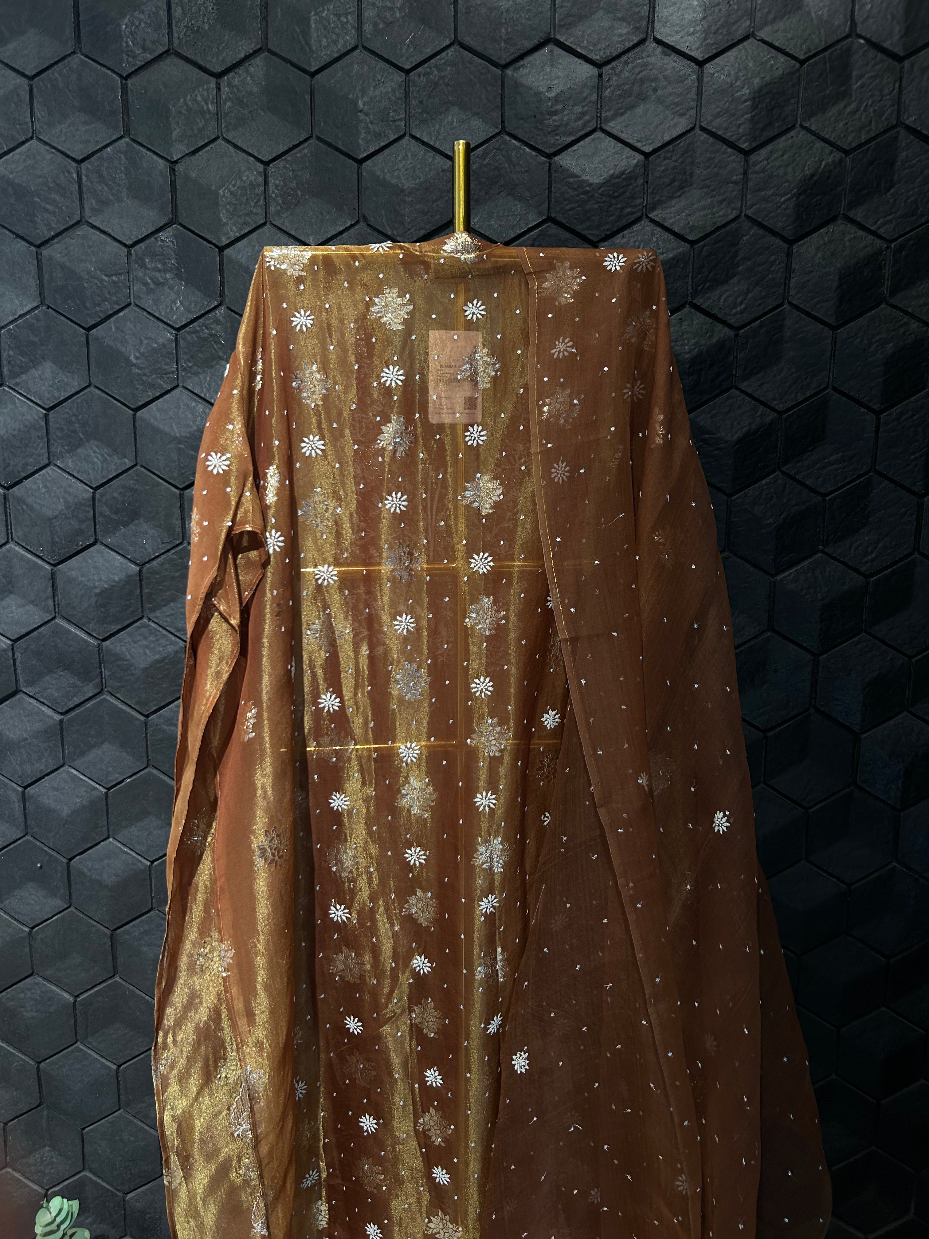 Brown Shimmer Organza Chikankari Kurta Set