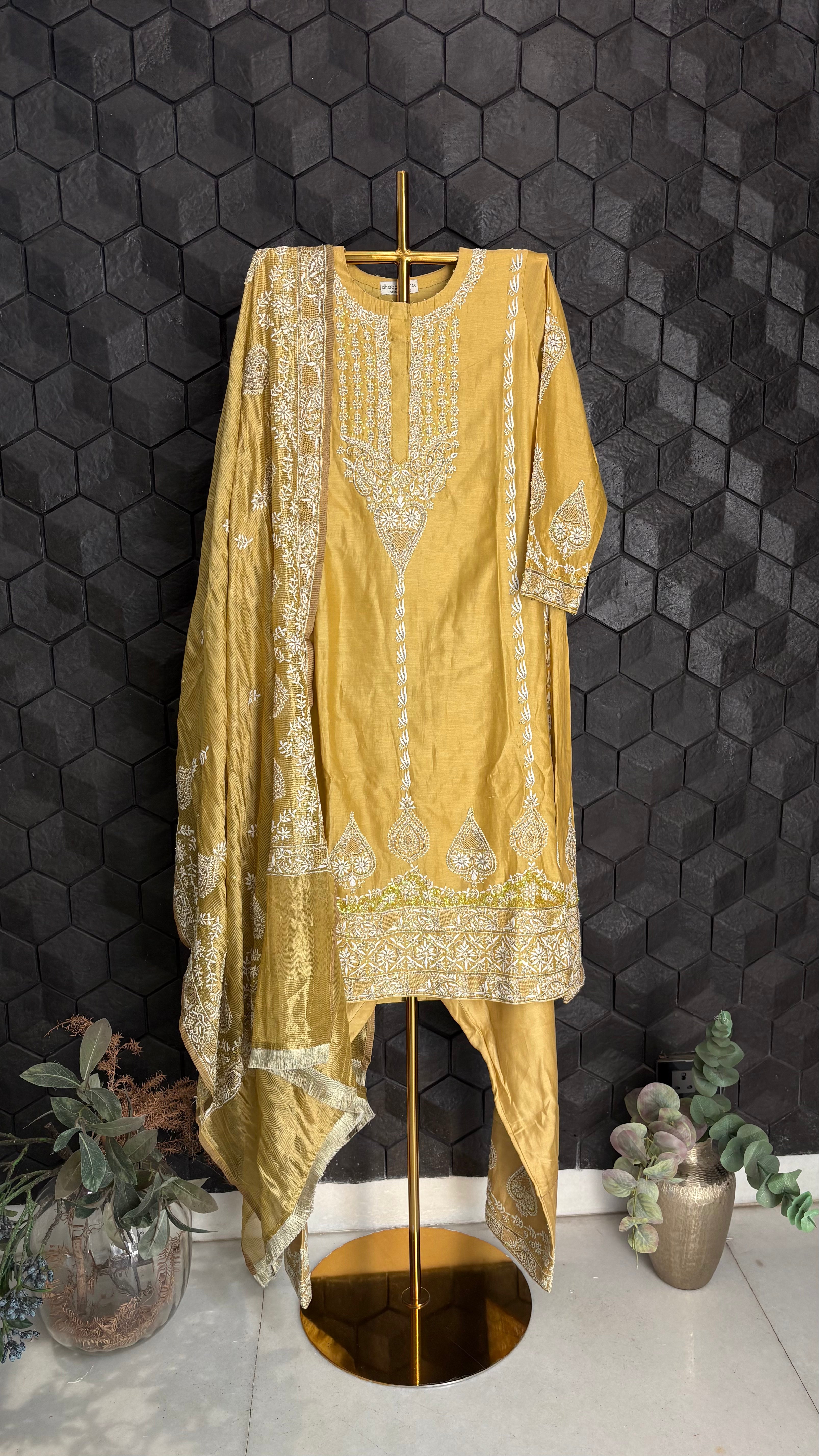 Mustard chanderi chikankari anarkali set