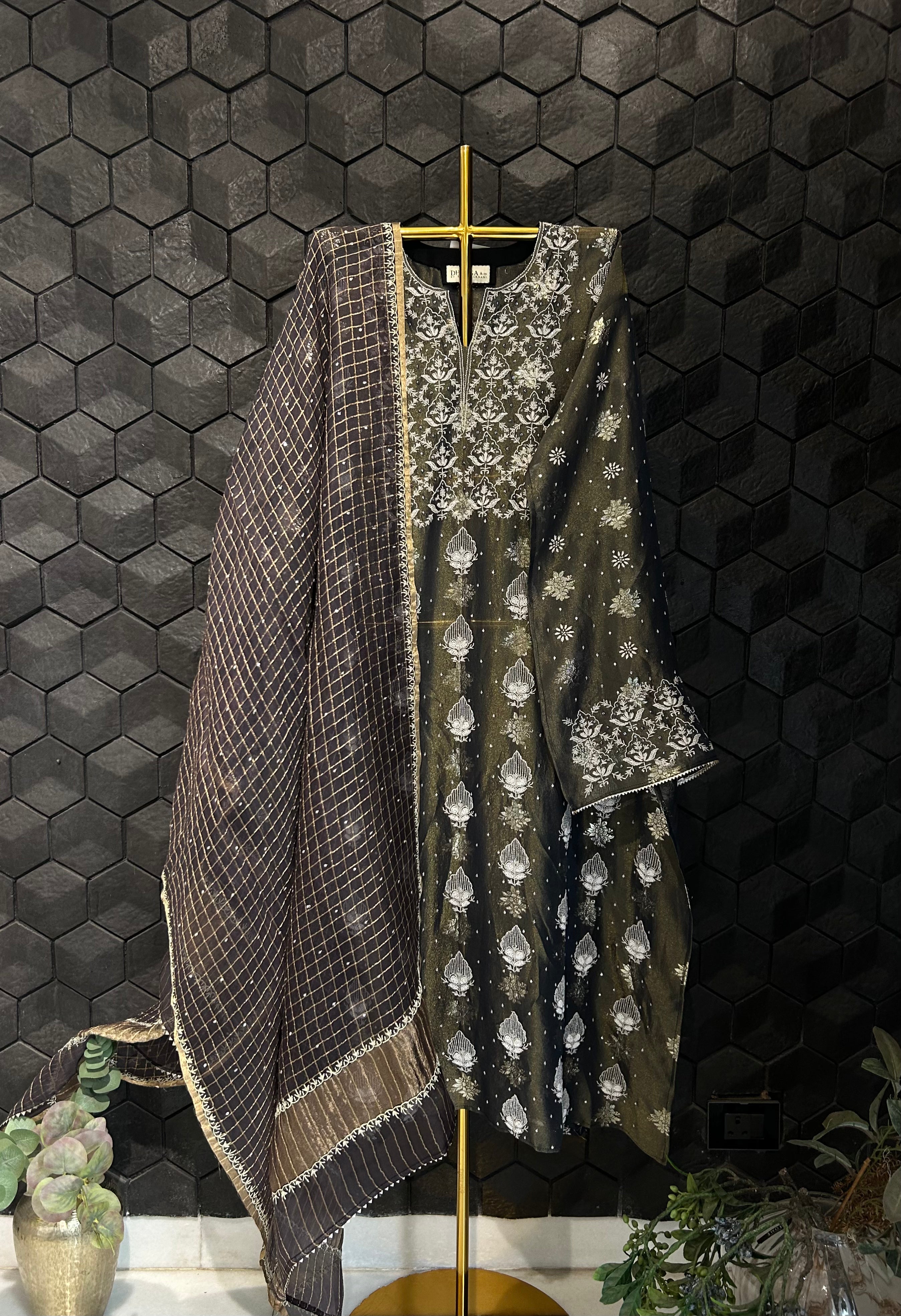 Black Shimmer Organza Chikankari Kurta Set