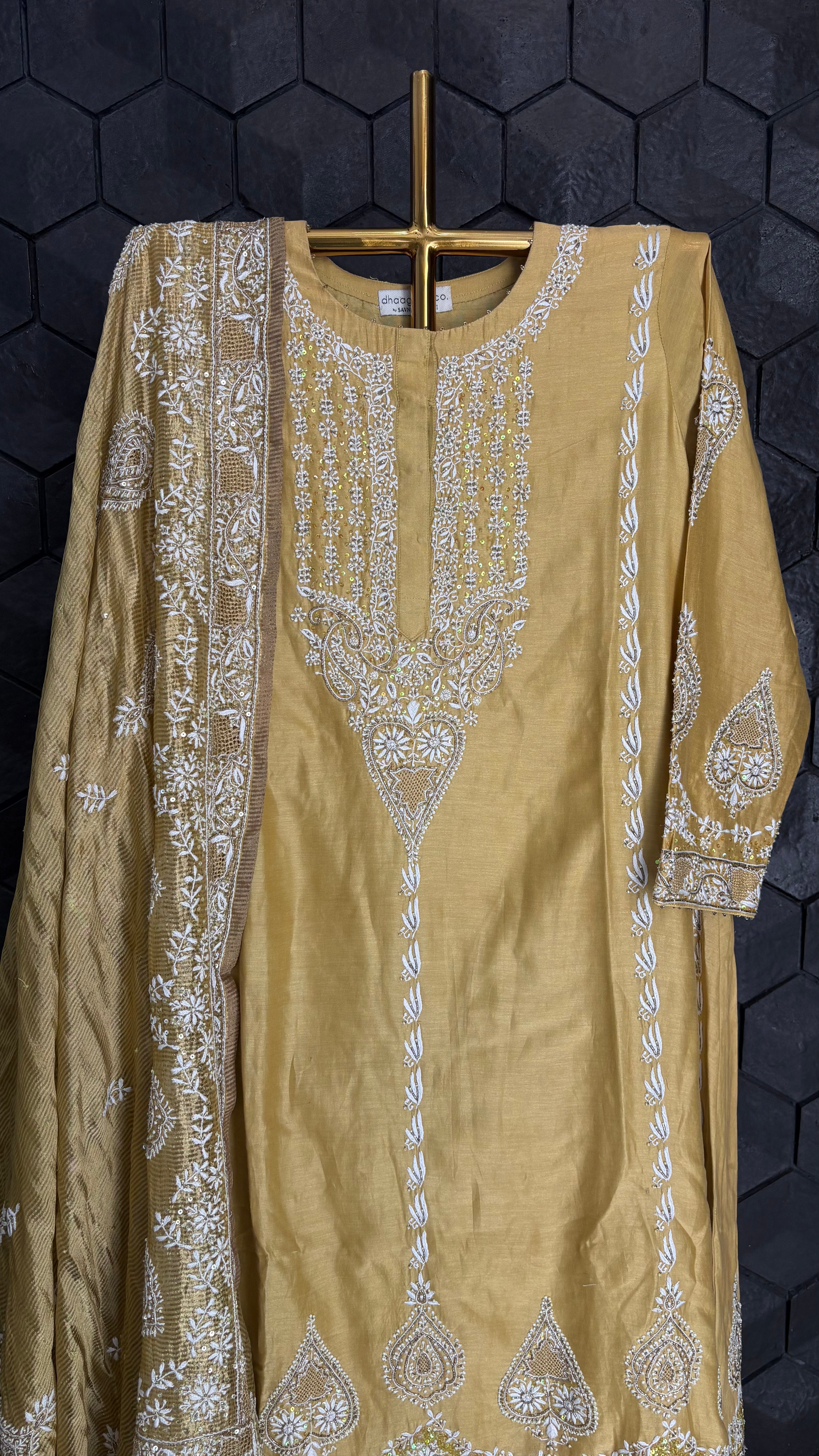 Mustard chanderi chikankari anarkali set